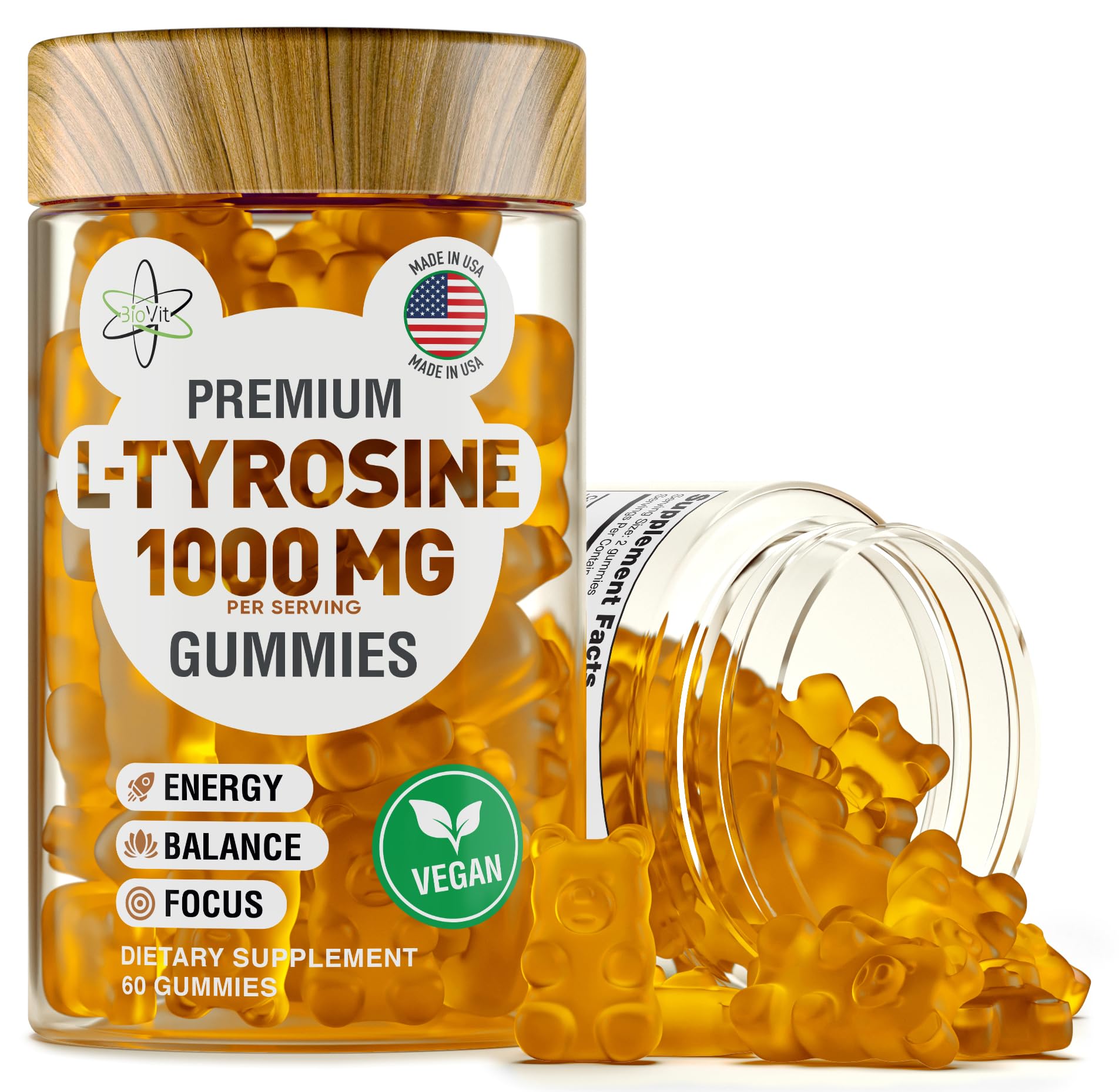 L Tyrosine Gummies - Activated Amino Acid L Tyrosine Supplement - Natural Focus, Mood and Energy Supplement for Kids & Adults - L-Tyrosine 1000MG per Serving, 500MG per Gummy - 60 Vegan Gummies