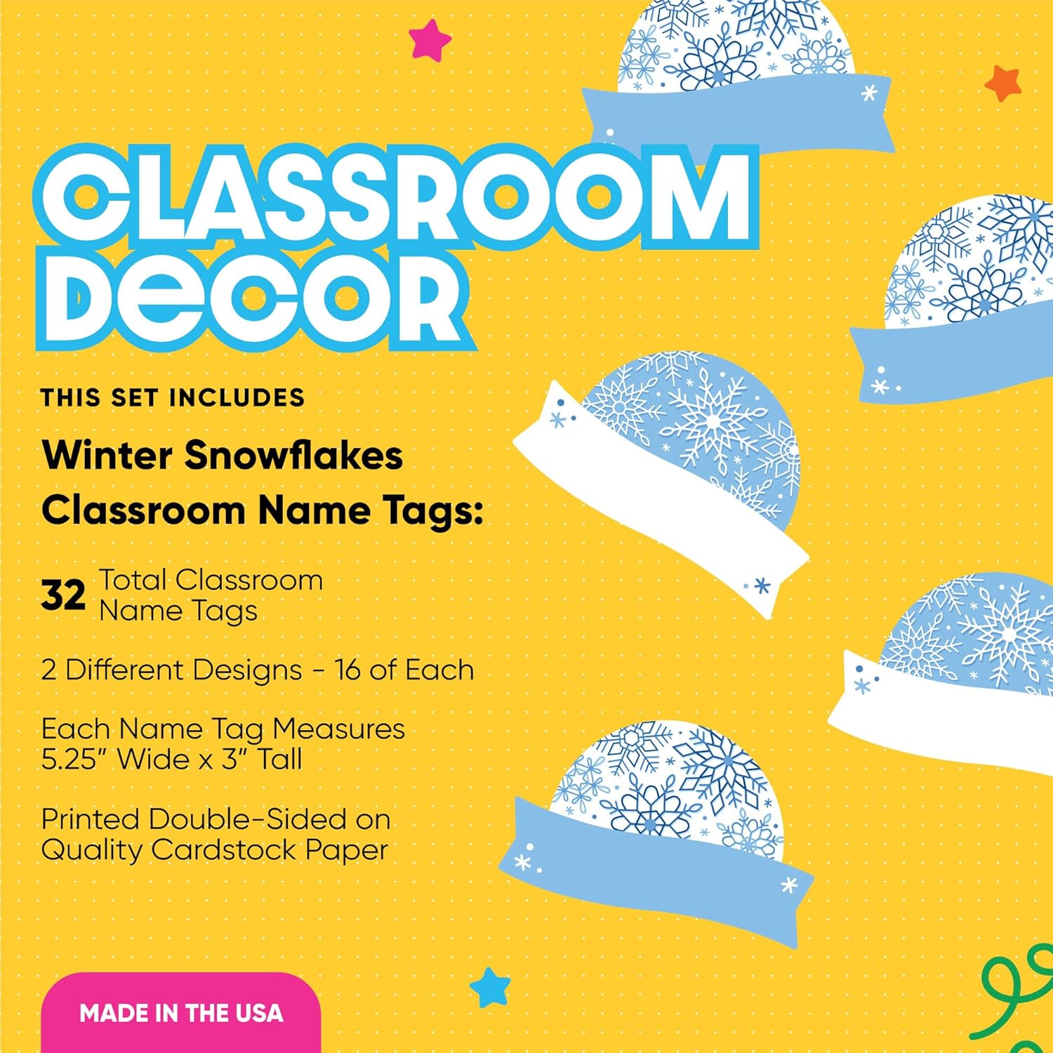 Big Dot of Happiness Winter Snowflakes Classroom Name Tags - DIY Desk Locker Labels, Double-Sided Cardstock Paper, 32 Cards with 2 Designs, 5.25 x 3 Inch Student Name Plates (Pack of 2)