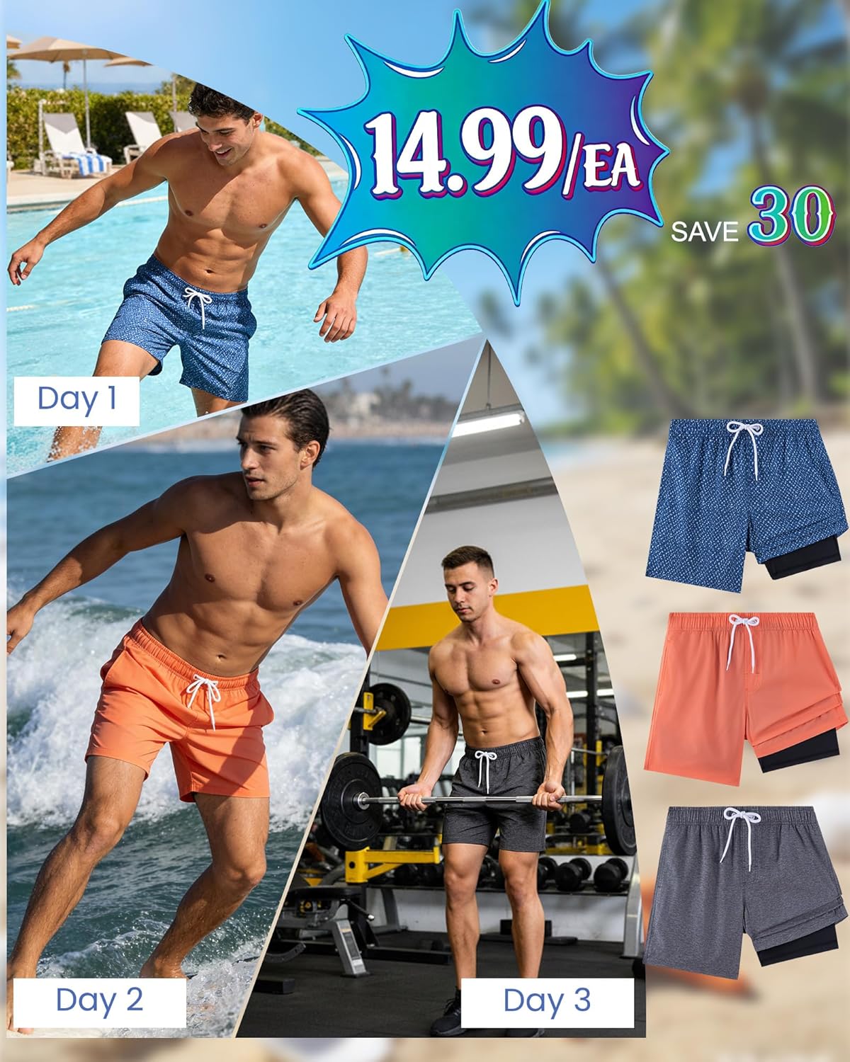 ROSEGIN 3 Pack Mens Swim Trunks 7 Inch Compression Liner Quick Dry Bathing Suits Beach Vacation Swimsuit Board Shorts