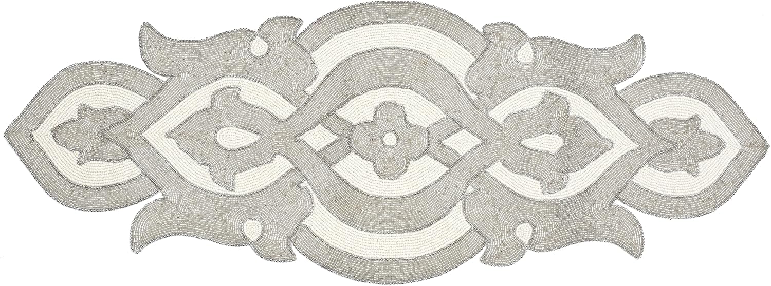 Lightnpro Beaded Table Runner Elegant Infinity Design - Handmade Glitz Table Décor for Weddings, Parties, Holidays, Gifting & Everyday Use - Decorative Centerpiece Accent - 13x36 Inch - Silver Ivory