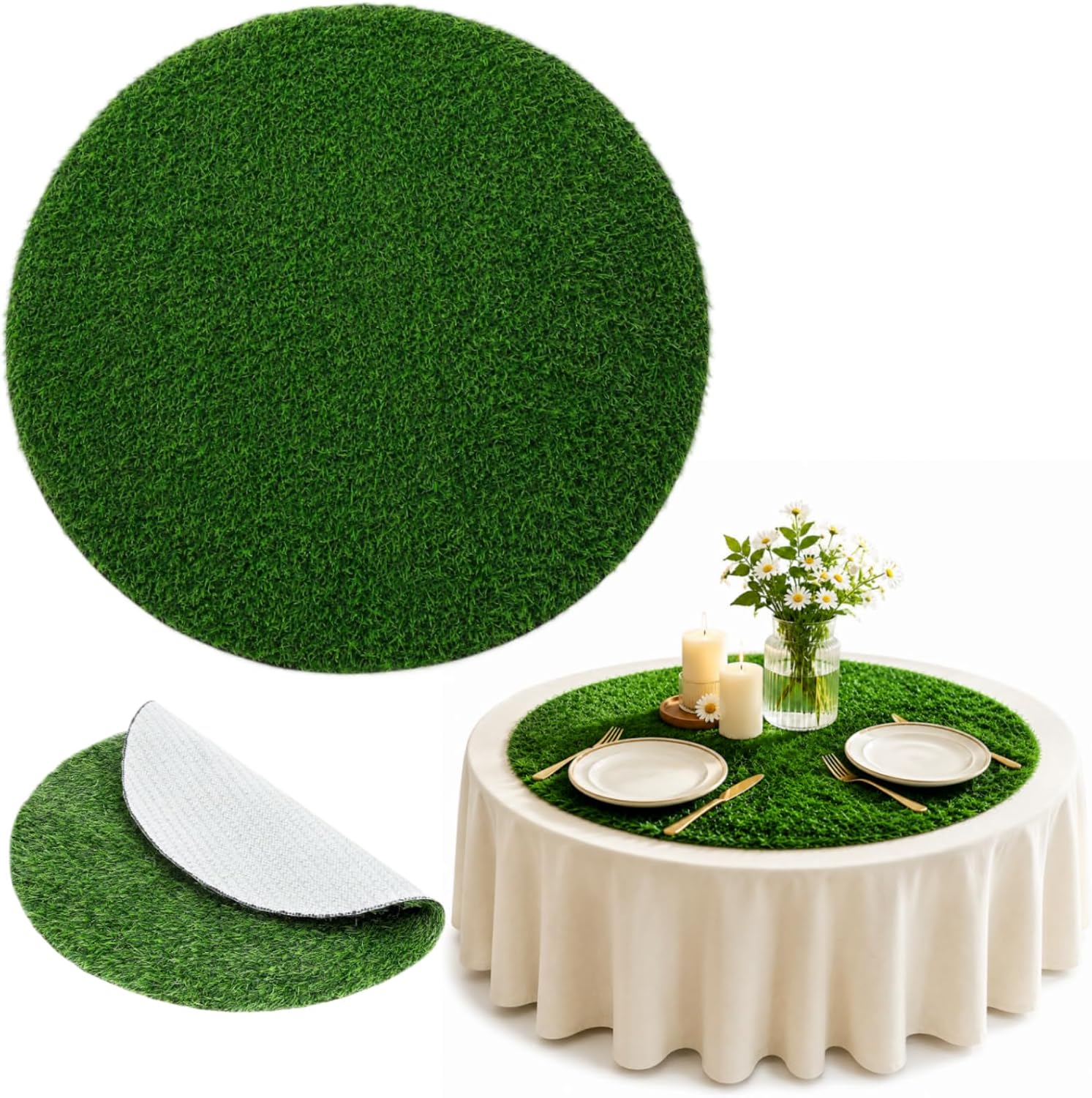 jojofuny Simulated Grass Round Table Mat 50CM – Artificial Turf Table Runner for Weddings, Parties, and Banquets – Mosaic Grass Tablecloth for Indoor & Outdoor Dining Decor
