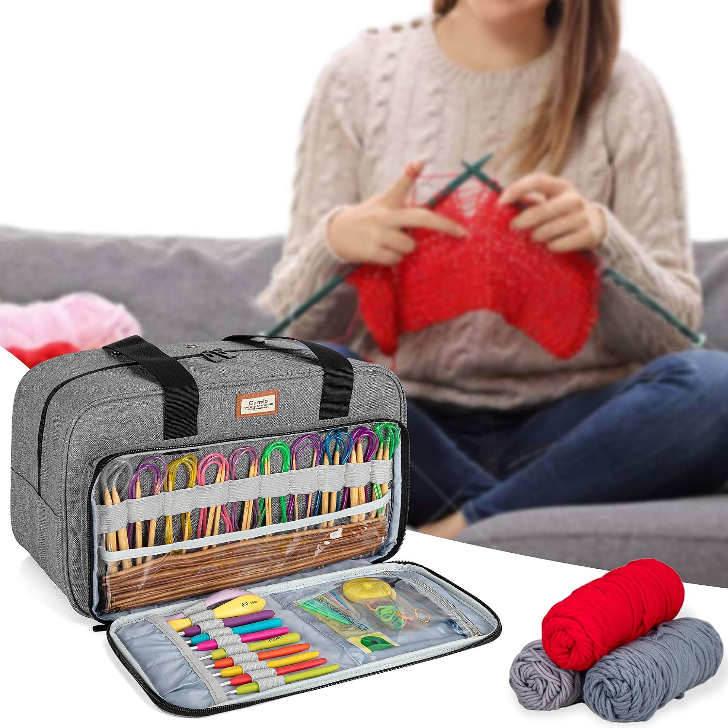CURMIO Yarn Storage Bag, Knitting Tote Bag For Crochet Hooks, Knitting Project and Accessories, Ideal for Crochet Beginners and Knitting Lovers, Bag Only, Gray