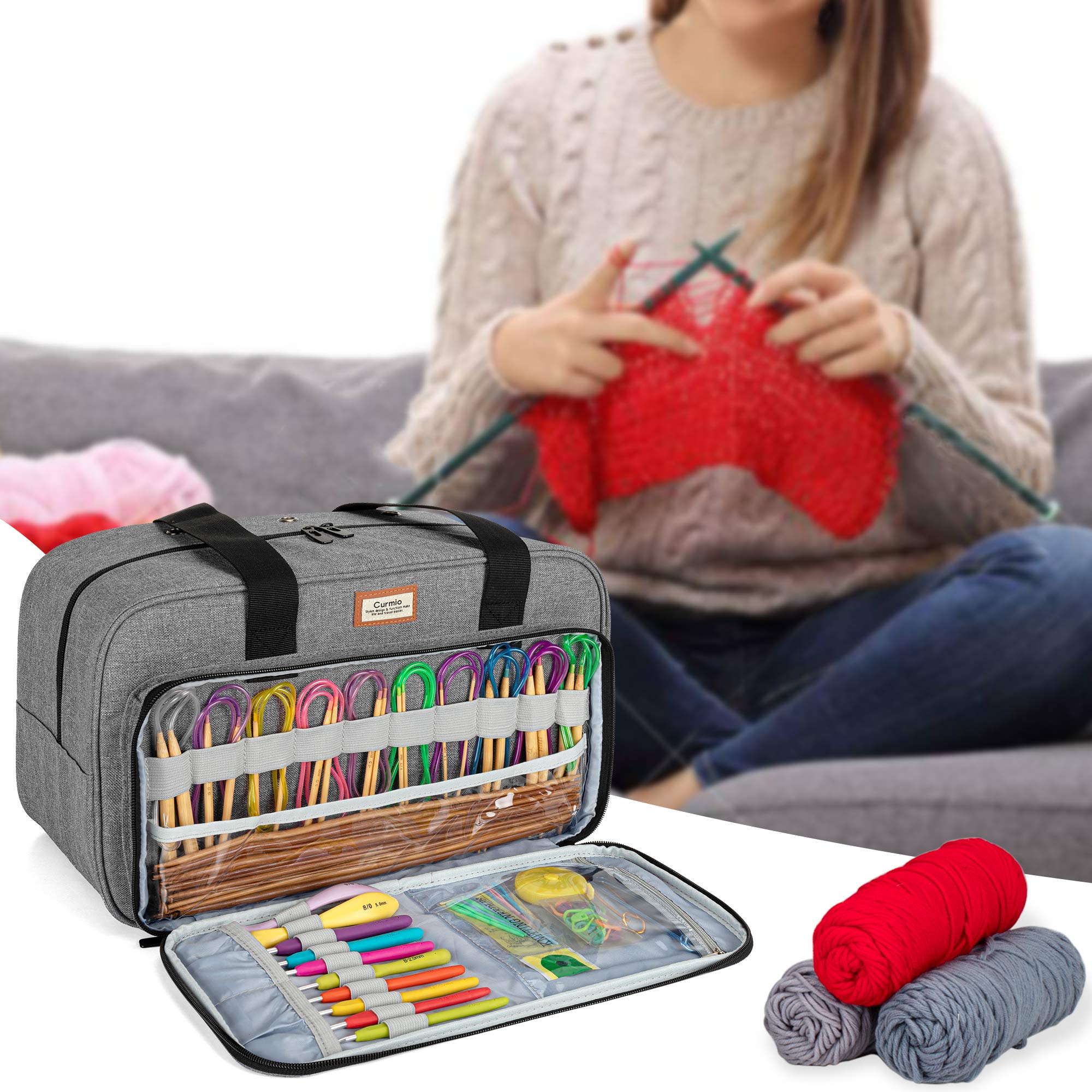 CURMIO Borsa Porta Filati, Borsa Tote per Uncinetto, Progetto di Lavoro a Maglia e Accessori, Ideale per Principianti all'Uncinetto e Amanti del Lavoro a Maglia, Solo Borsa, Grigio