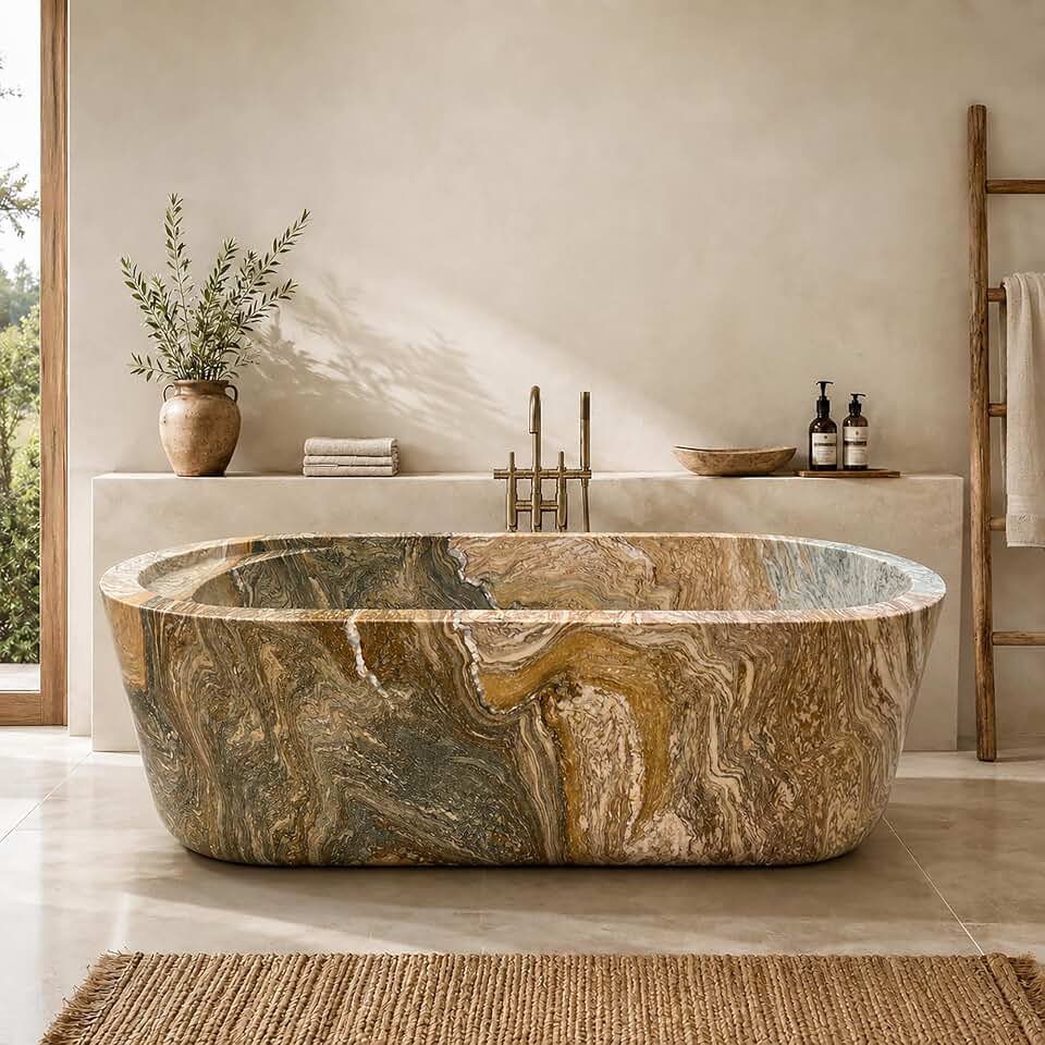 CHETTO C 78" Natural Marble Freestanding Bathtub, Luxury Stone Soaking Tub with Unique Green Gold Veining, Large Capacity Oval Rectangle Bathtub, Smooth Polished Tub for Modern, Classic Bathrooms