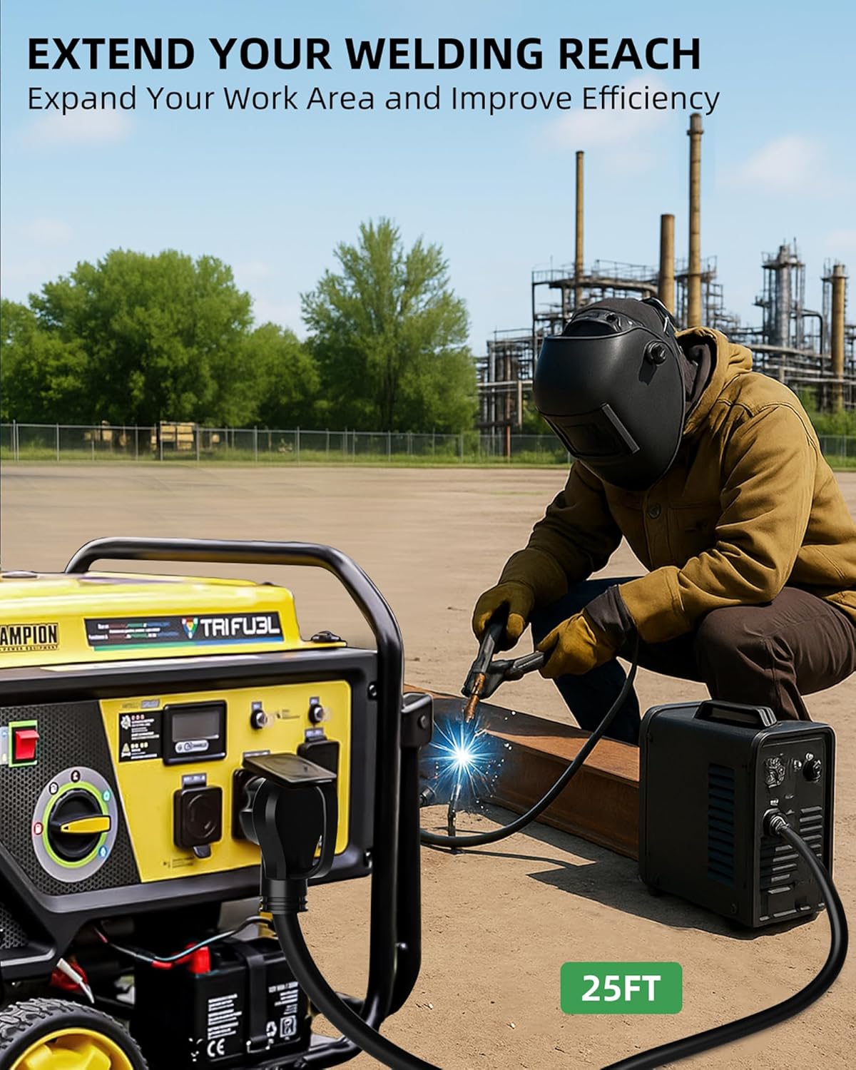 6 AWG 250V Welder Extension Cord, 25ft Outdoor NEMA 6-50 Welder Cord with Light and Handle, 50 Amp 3 Prong Welding Extension Cord for Welding Machines and EV Charger, 12500W, ETL Listed