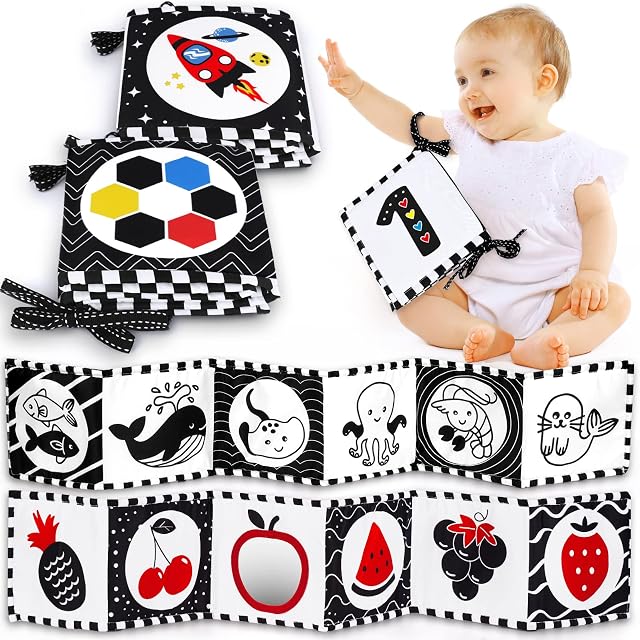 Alijees Baby Sensory Toys 0 6 Months - Black and White Baby Book with Mirror, Newborn Baby Gifts, Infant Tummy Time Toys for Girls Boys 0-3-6 to 12 Months, High Contrast Baby Toys 2 Pack
