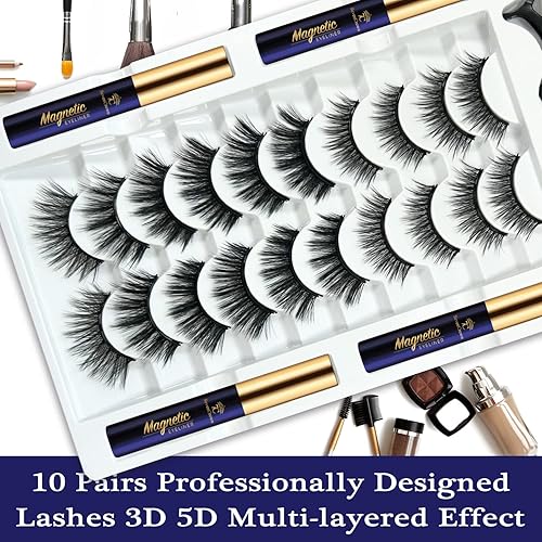Miniatura 2 de Pestañas magnéticas de aspecto natural mezcla 10 pares de pestañas magnéticas 3D con delineador de ojos, mejoradas de larga duración, reutilizables,