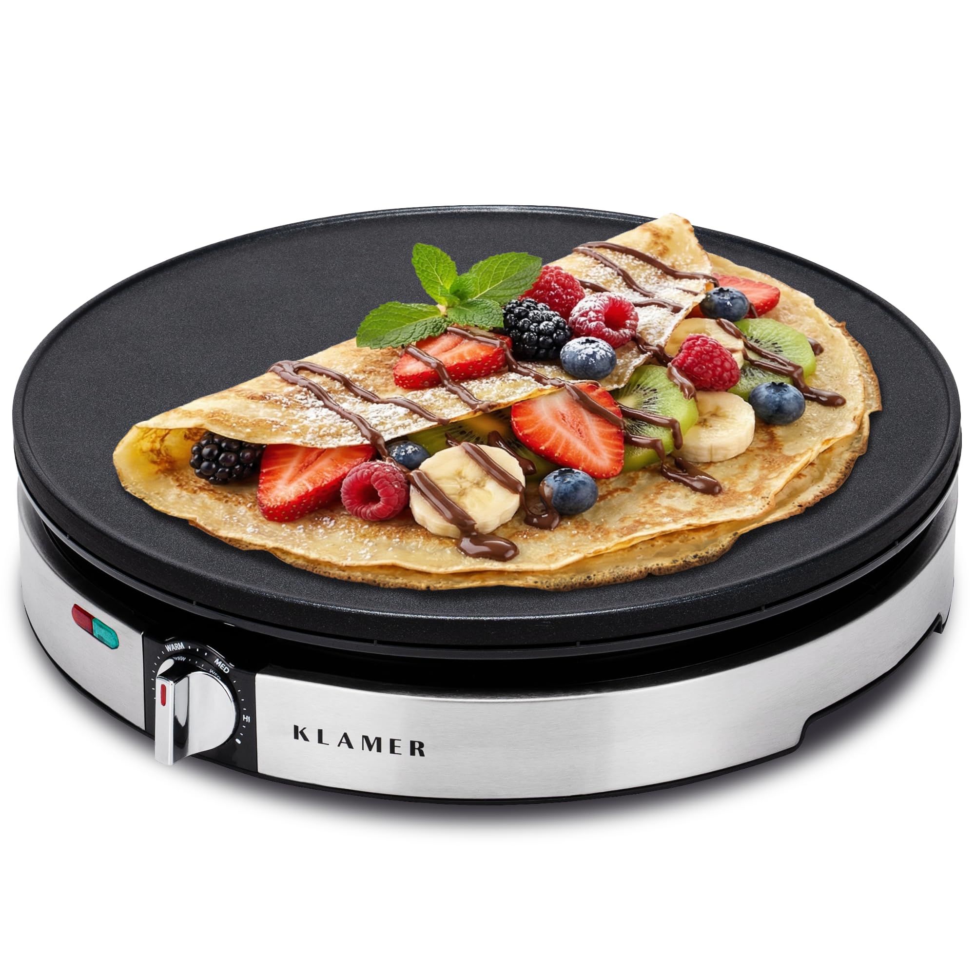 KLAMER Crepes Maker, Backfläche mit 30cm Ø, antihaftbeschichtete Platte, inkl. Teigverteiler und Wender aus Holz, Crepes Eisen für Crepes, Pancakes & Tortilla, 1400W