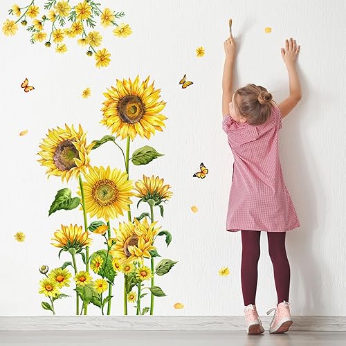 Calcomanías de pared de girasol, decoración de pared de flores amarillas 3D, decoración de pared extraíble para despegar y pegar, decoración de
