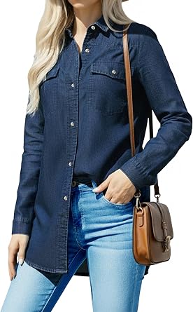 JMOJO Chambray Shirt Women Oversized Denim Shirt Women Button Up - Long Sleeve Womens Tops for Casual Nashville Outfits