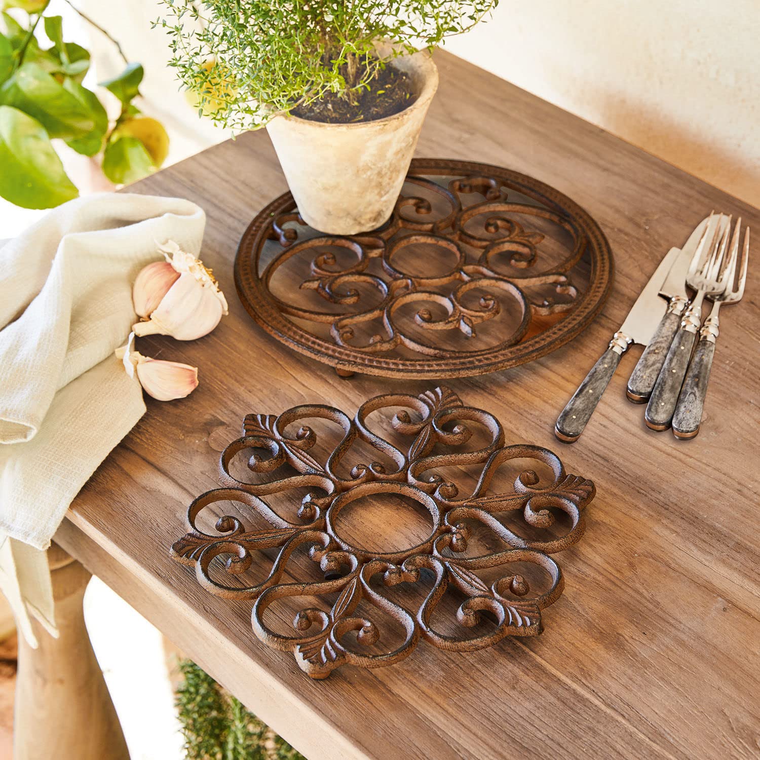 2 Untersetzer Für Heiße Töpfe – Mit „Thankful“ & „Blessed“ Aufdruck, Antik-Bronze, Schützt Oberflächen