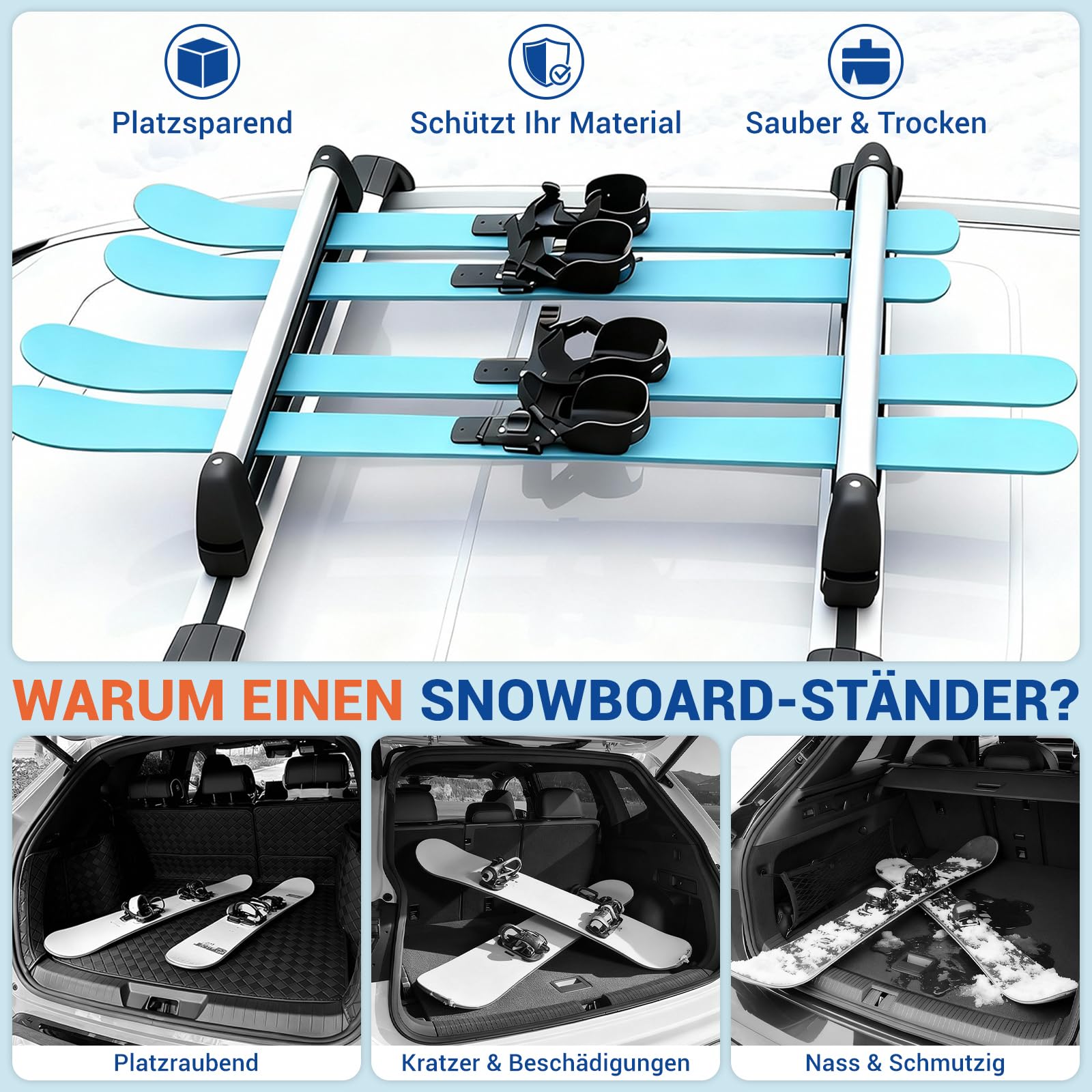 Set di 2 barre per sci e snowboard, in alluminio con sistema di binari, universali per travi trasversali, trasporto di sci e snowboard