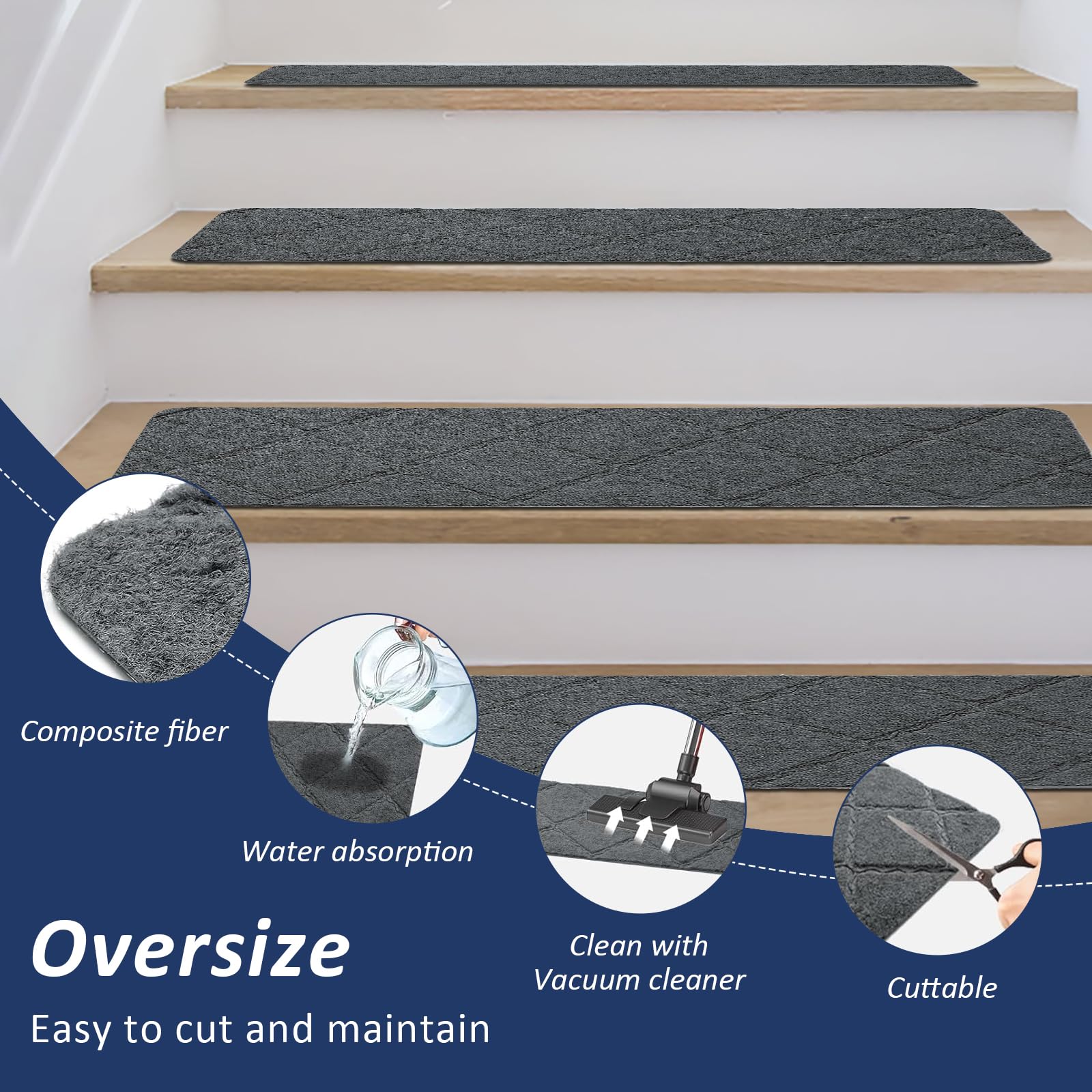 Bocguy 15 Piezas Alfombrillas para Escaleras Antideslizantes, 76 x 20 cm Alfombrillas Autoadhesivas Escalones Interiores, Recortables y Reutilizables, Protección para Mascotas, Mayores, Niños