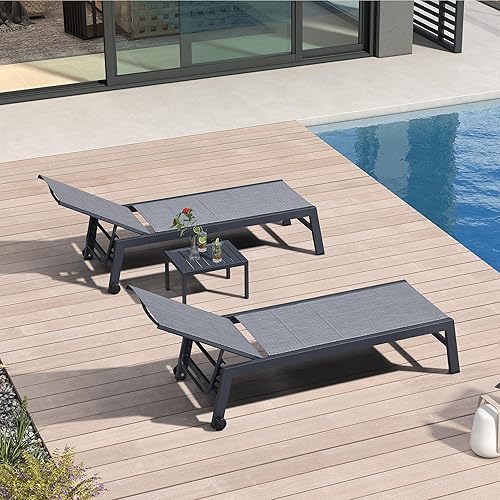 Miniatura 24 de PURPLE LEAF Juego de tumbonas para patio de 2 piezas de textileno con ruedas, silla para tomar el sol para patio al aire libre