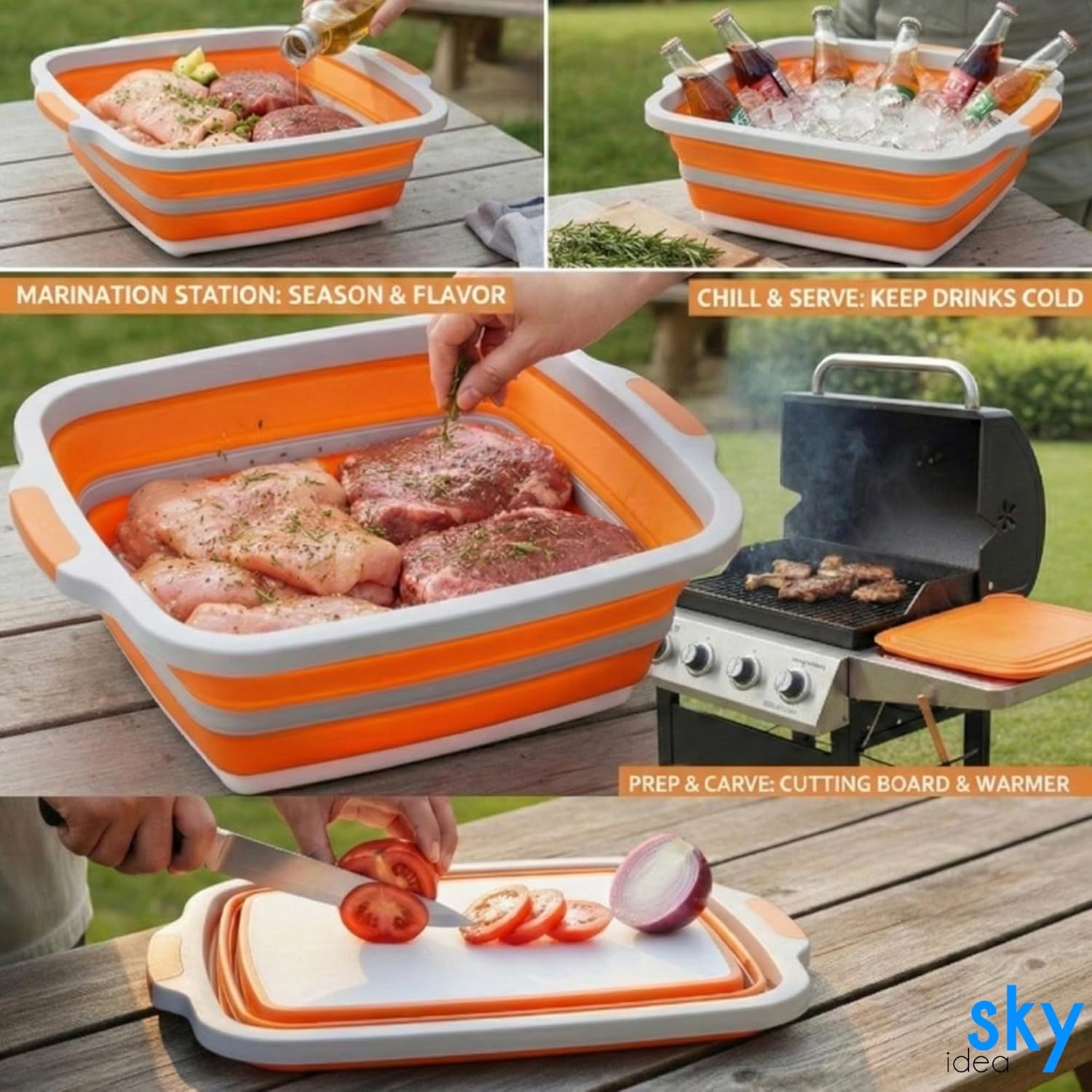 Collapsible BBQ Prep Tub with Lid - XL 4.22 GAL Folding Cutting Board & Food Basin for Outdoor Cooking, Marinating Container, Space Saving Prep Station
