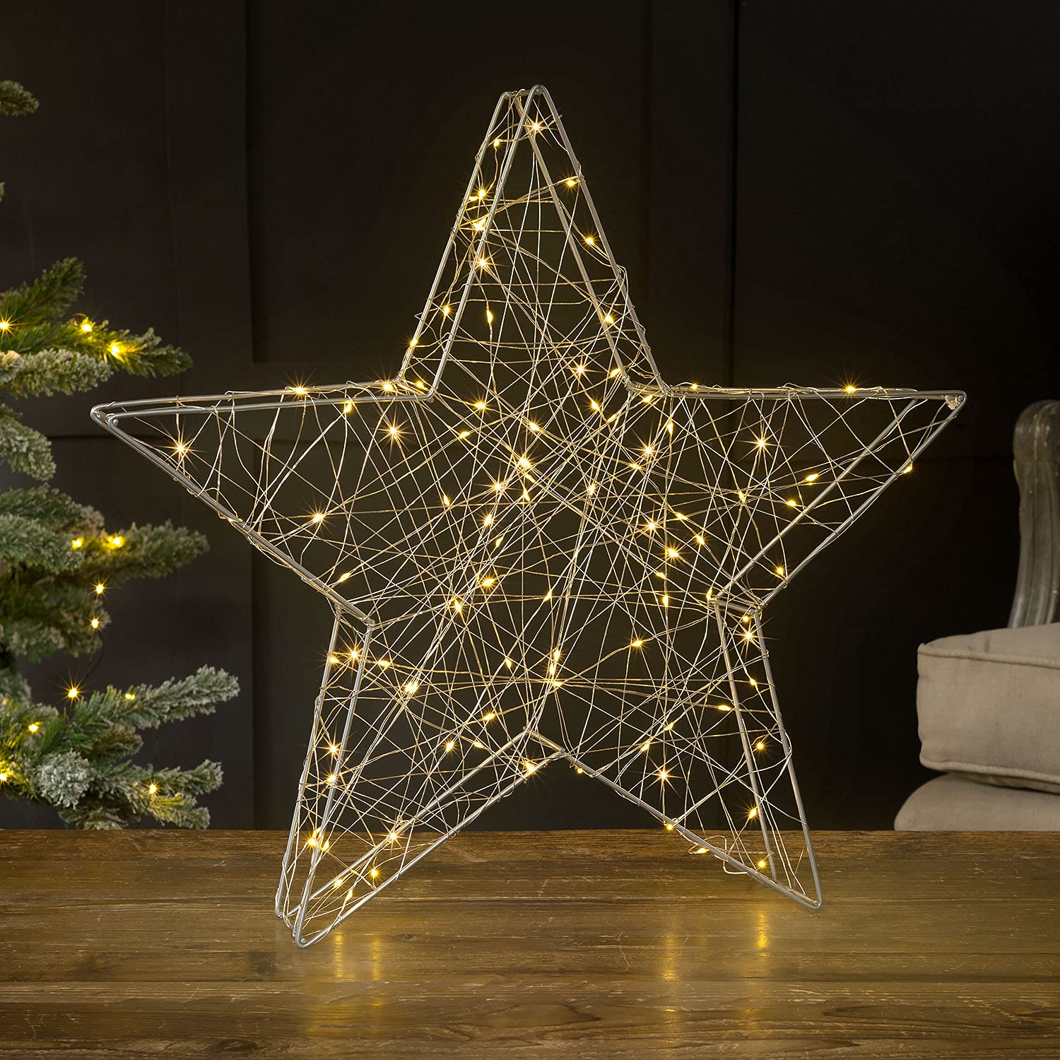 Christow Christmas Star Decoration, 50cm Warm White Micro LED Light, Indoor Mantelpiece Window Sill Table Ornament, Battery Operated with Timer