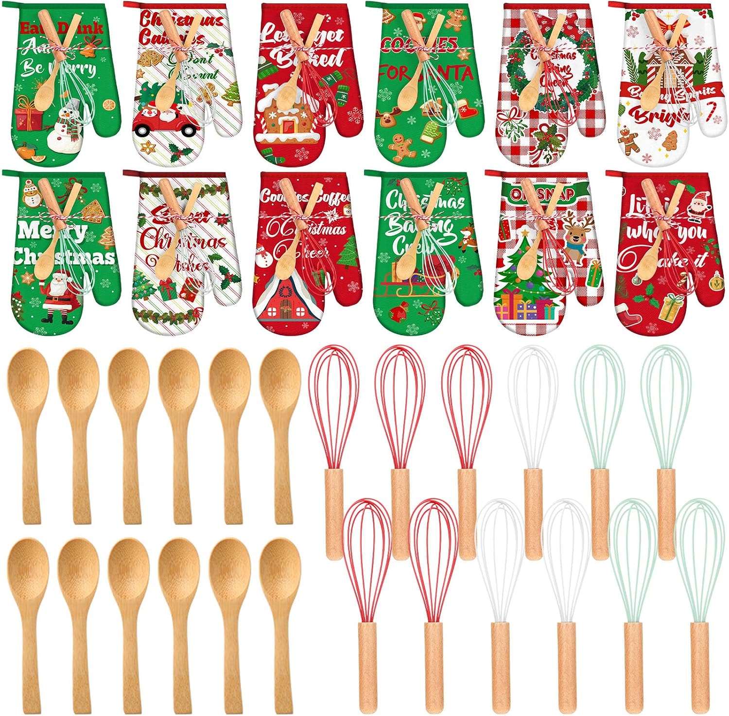 Willinglong 12 Sets Christmas Oven Mitt Set Christmas Baking Gift Set with Pot Holders, Bamboo Cooking Spoons, Silicone Whisks, for Kitchen Cooking Lover Bakers Family Friends Party Supplies (Classic)