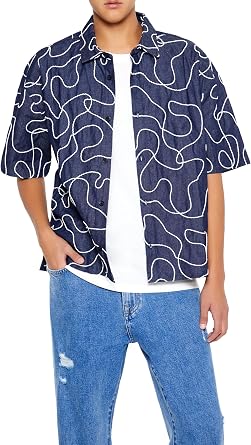 Forever 21 Mens Cropped Chain-Stitched Embroidered Shirt
