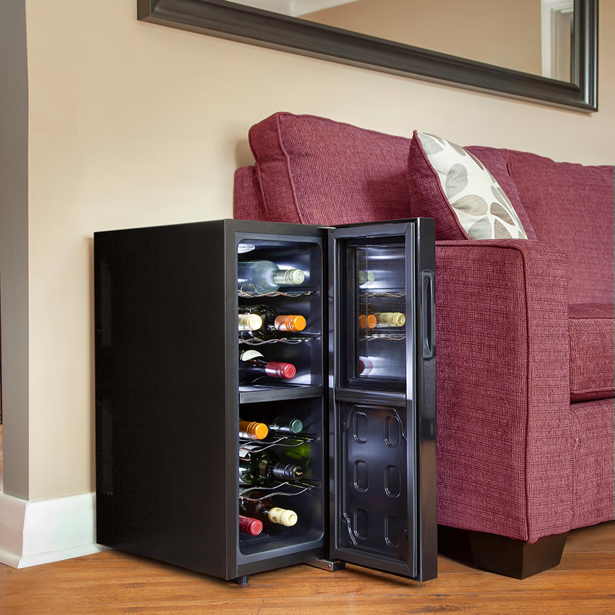 Koolatron Wine Fridge - Wine Cooler, 12 Bottle Wine Cabinet for Champagne, White & Red Wine with Beech Wood Racks, Freestanding Cellar For Bar, Home, Small Kitchen