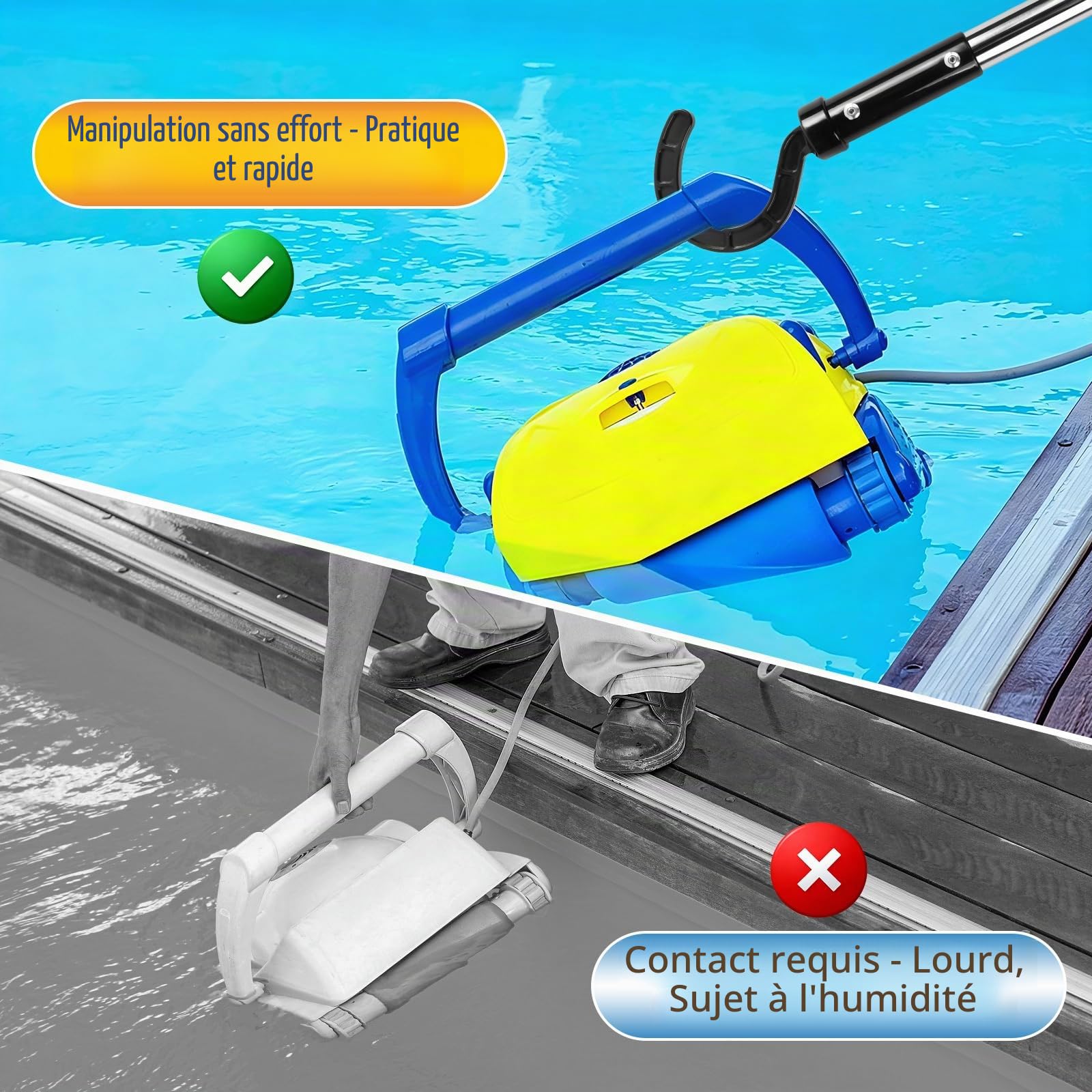 Crochet Robot Piscine 148 cm Crochets Perche Piscine Crochet pour Aspirateur de Piscines, Bouée, Panier Filtrant