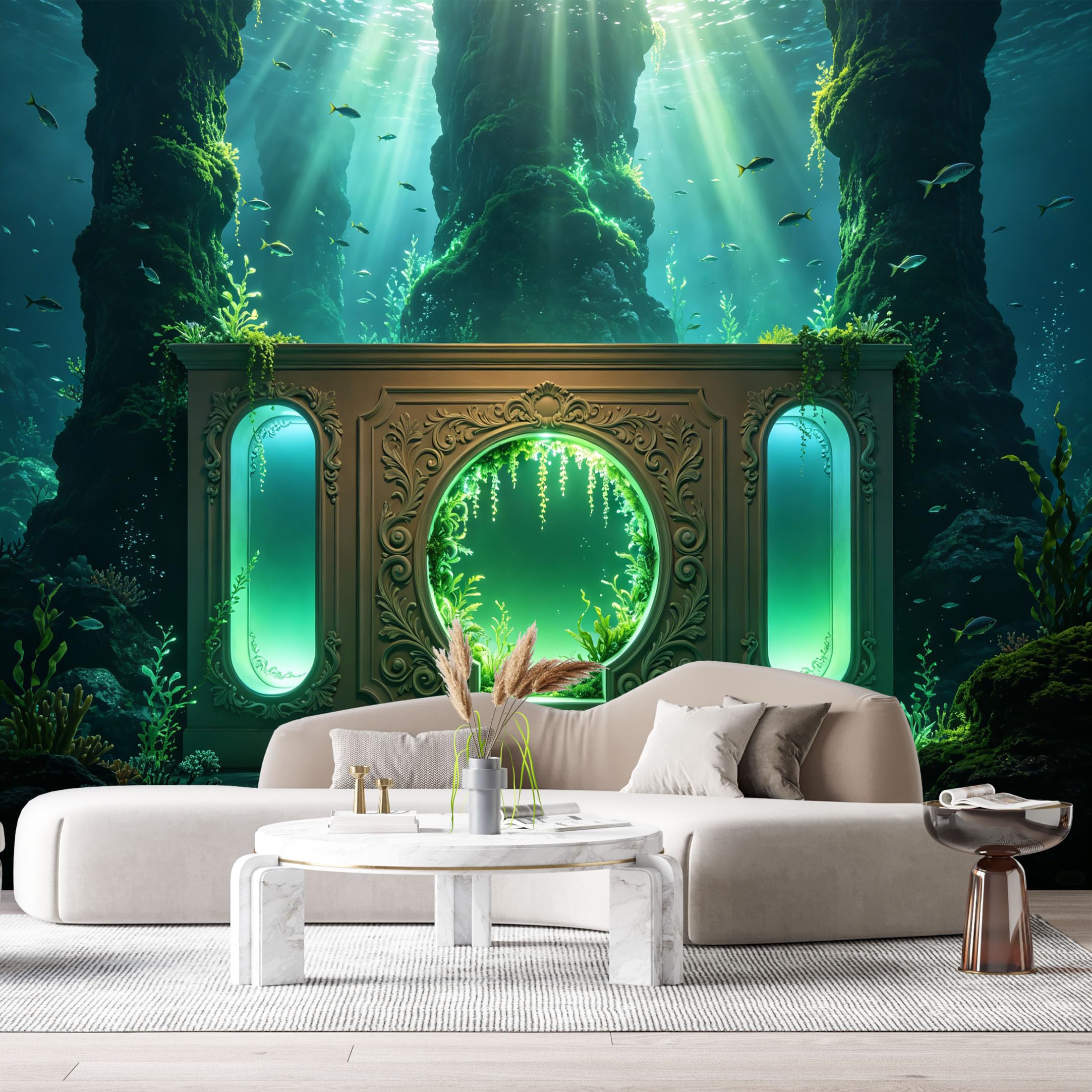 Custom Size Wall Murals Surreal Underwater Scene Glowing Green Cavern Ocean Marine Oil Painting 3D Trompe L'Oeil SelfAdhesiveWall Fabric Removable Wallpaper Wall Decor for Living Room