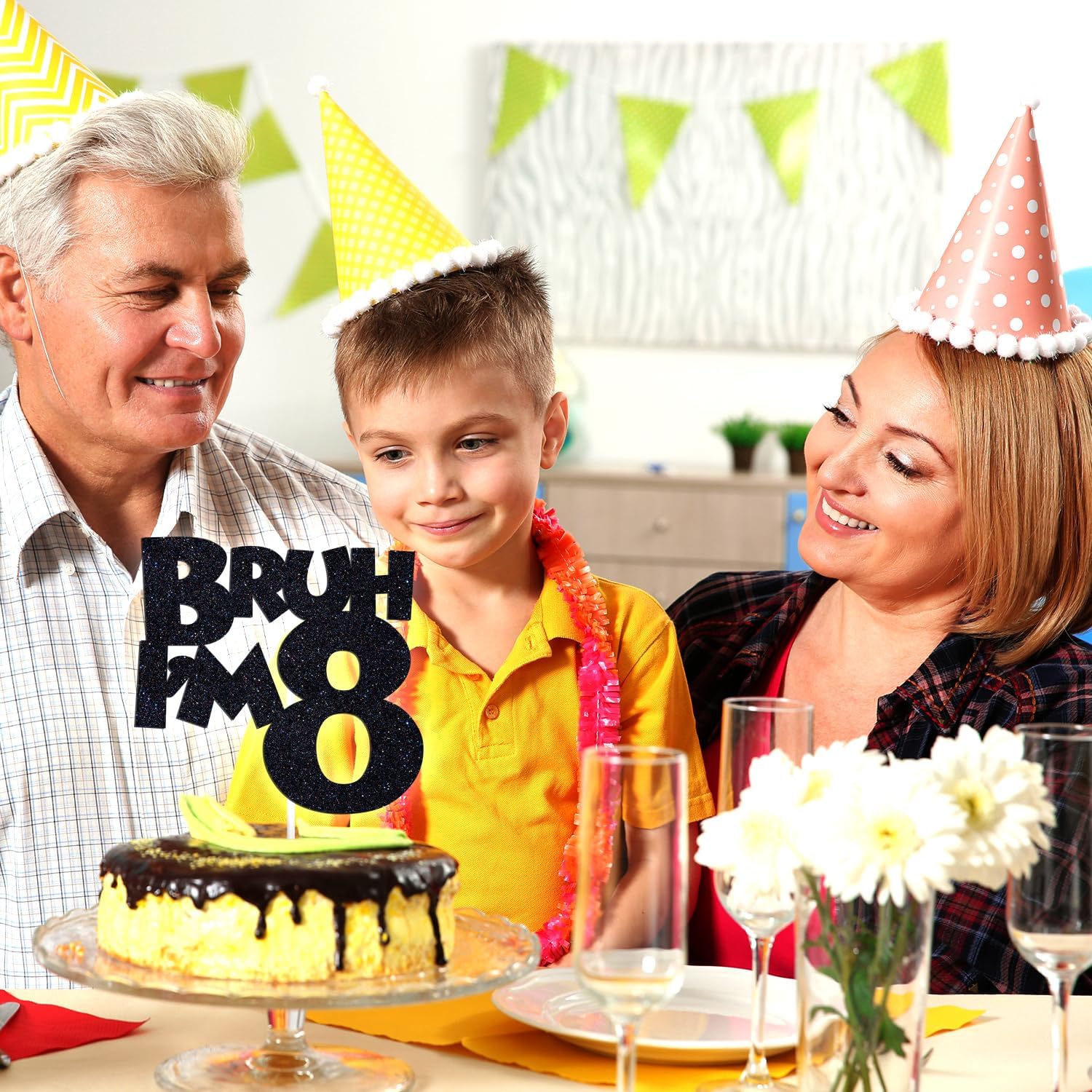 Bruh I'm 8 Cake Topper, It's My Birthday Bro, Cheers to 8 Years/Eight is Great for Big Brother, Happy 8th Birthday Party Decorations Supplies for Kids Boys, Black Glitter - Image 4
