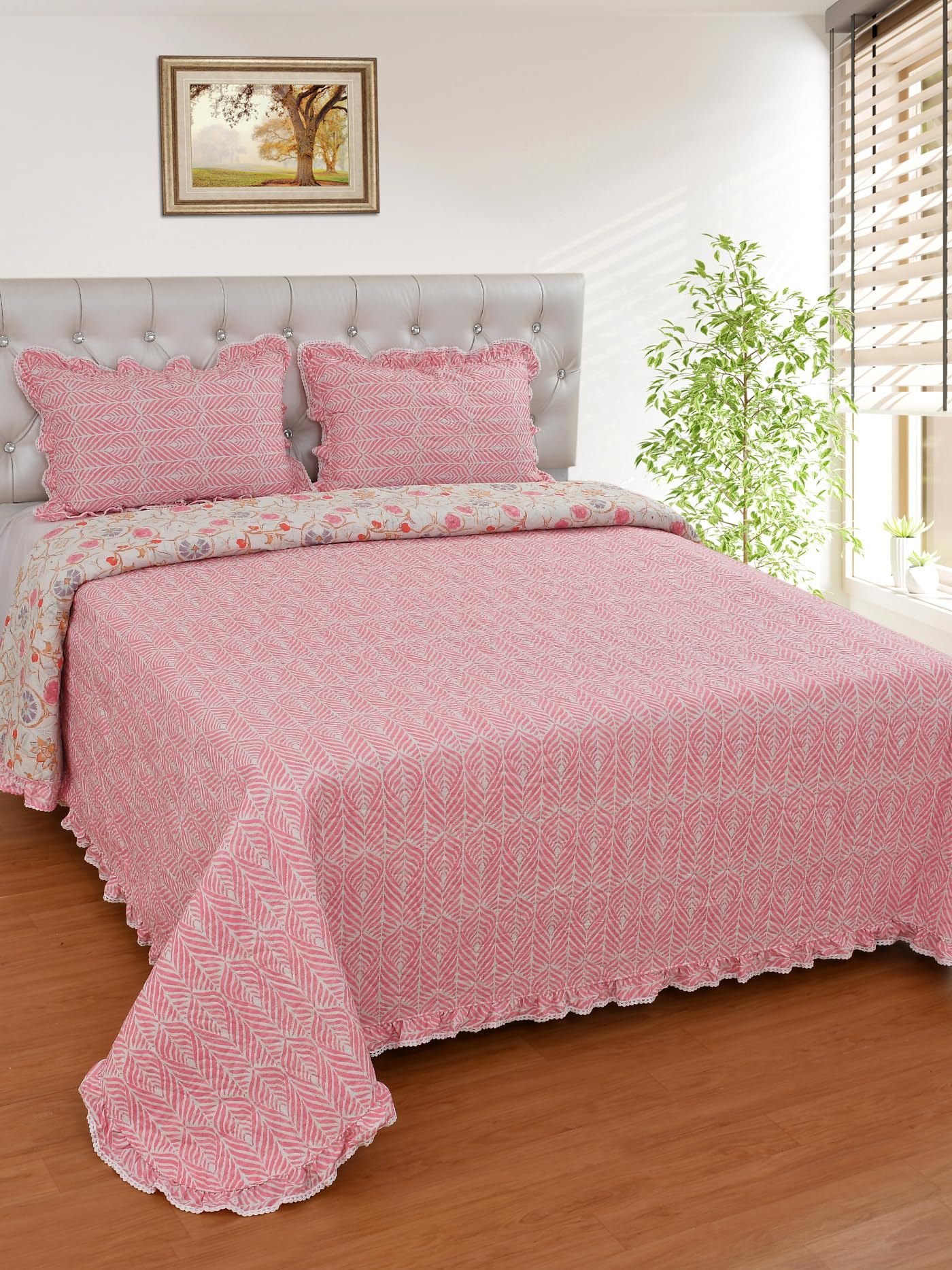 MORADO Luxury Ultrasonic Glace Cotton Side Frills Bright Flower Printed Lightweight All Season Bedspreads/Bed Cover with 2 King Size Pillow Covers - (90x100 Inches, Pink)-image-8