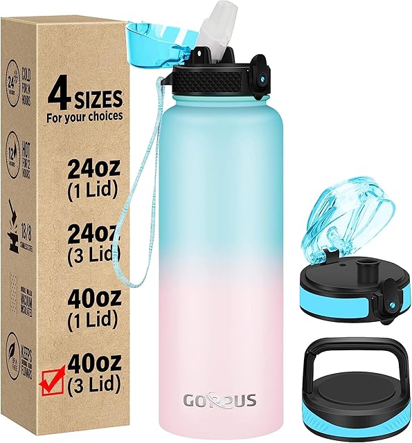 GOPPUS 1.2L/40oz Stainless Water Bottle with Straw 1.2 Litre Hot Thermal Water Flask Double Wall Steel Water Bottles Insulated Water Bottles Leakproof Cold Water Bottle Adult Flip Top Drinking Bottle