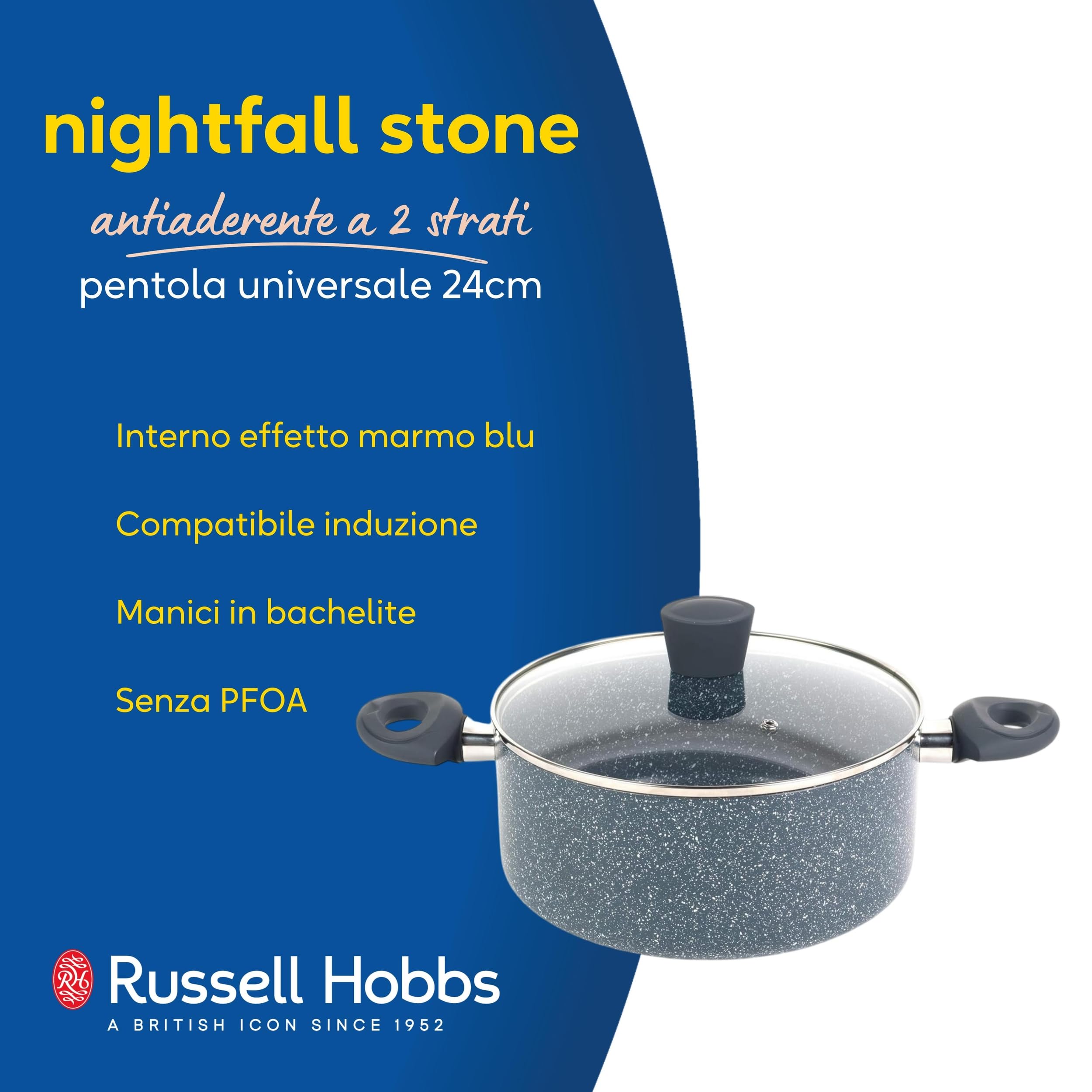 Russell Hobbs RH00849EU Nightfall Stone 24cm senza avambraccio, alluminio pressato, protezione da induzione, senza PFOA, manici morbidi, pentola con coperchio, per salse, pasta, verdure, marmo blu