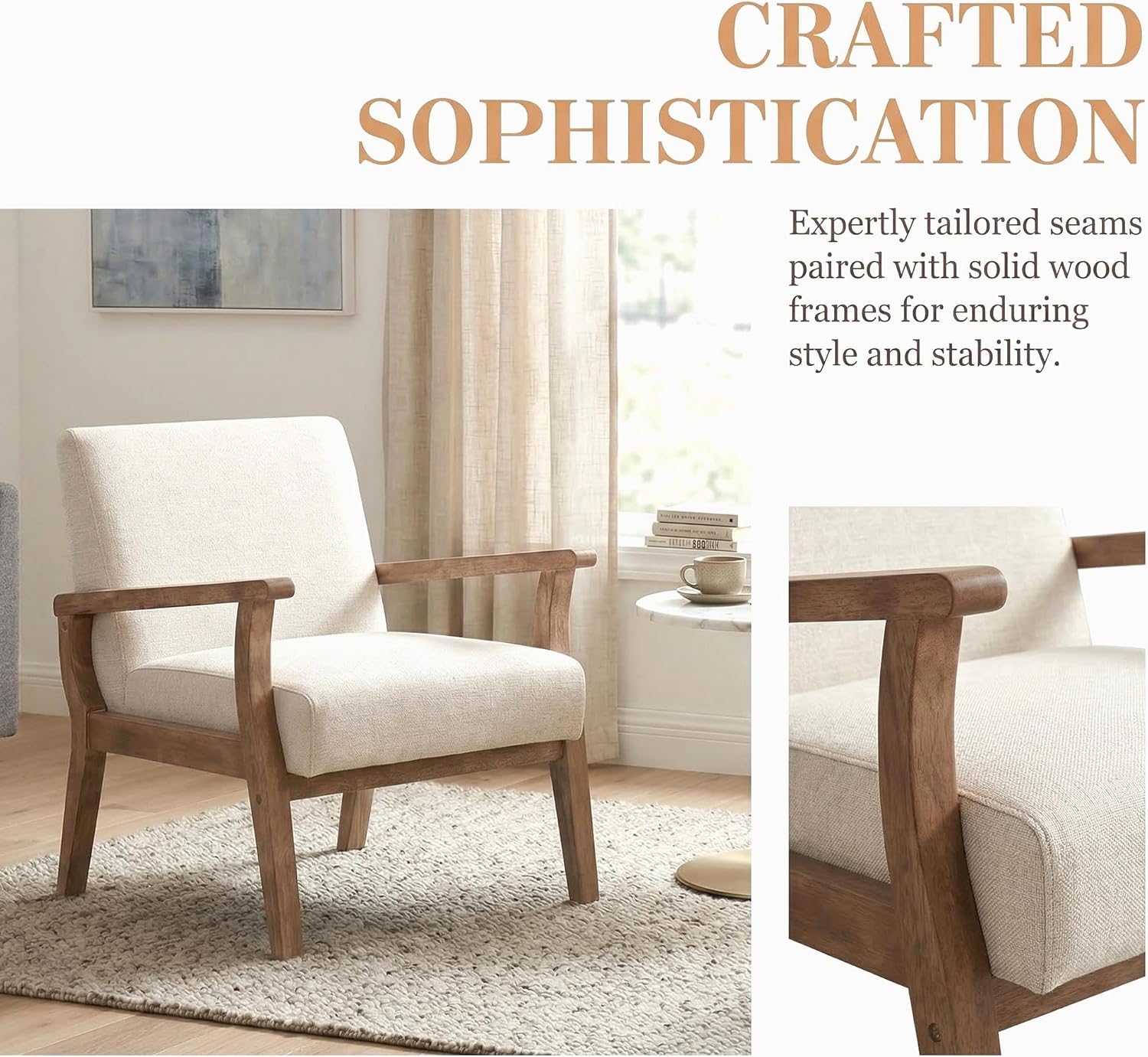 HNY Mid Century Modern Chairs - Linen Accent Chairs with Solid Wood Frame - Armchair for Living Room, Bedroom, Office, Waiting Room Beige