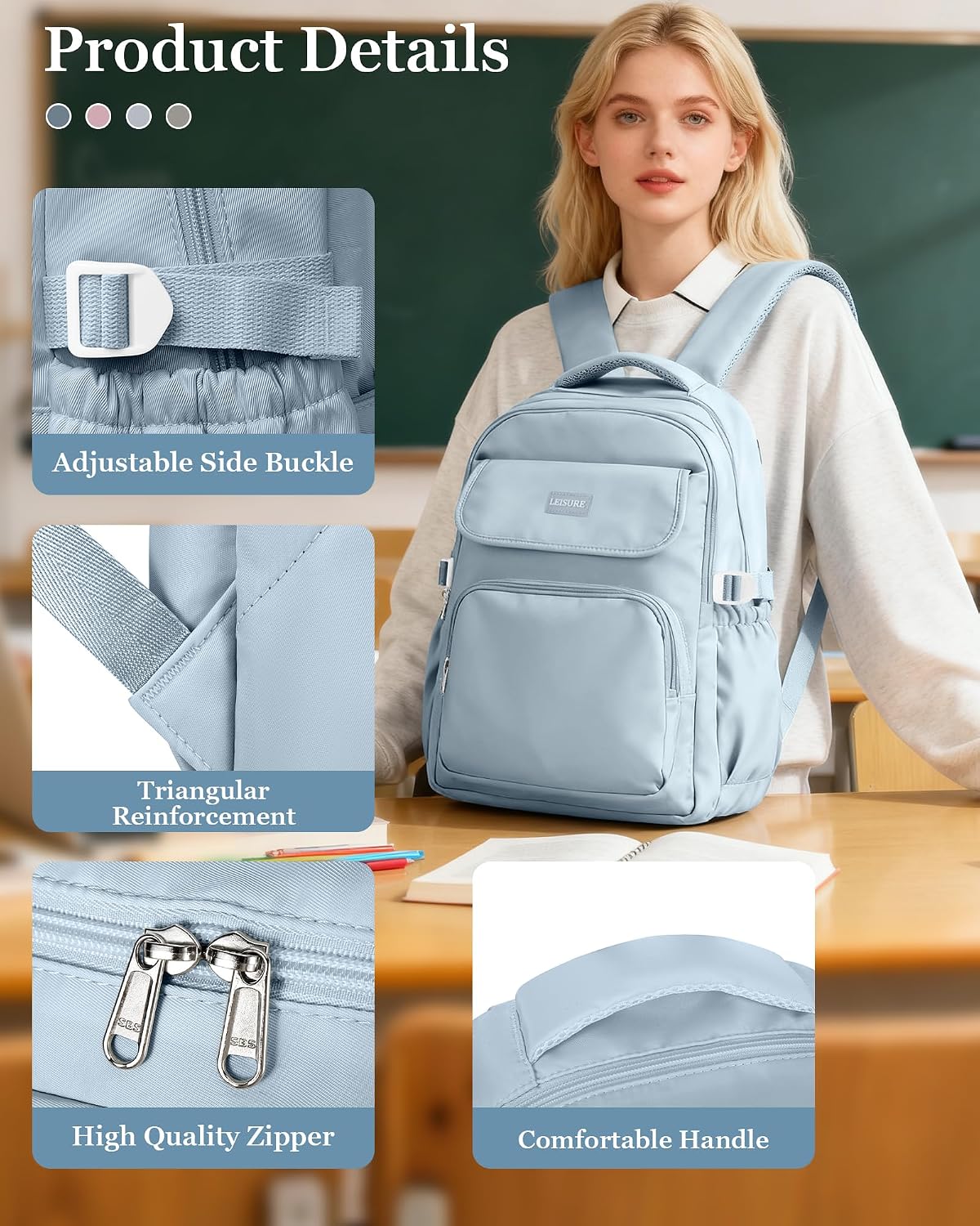 Lightweighr College School Backpacks For Women,Classic Middle Student Bookbag For Teens Girls,Waterproof Middle School Bag Boys(Blue) image 4