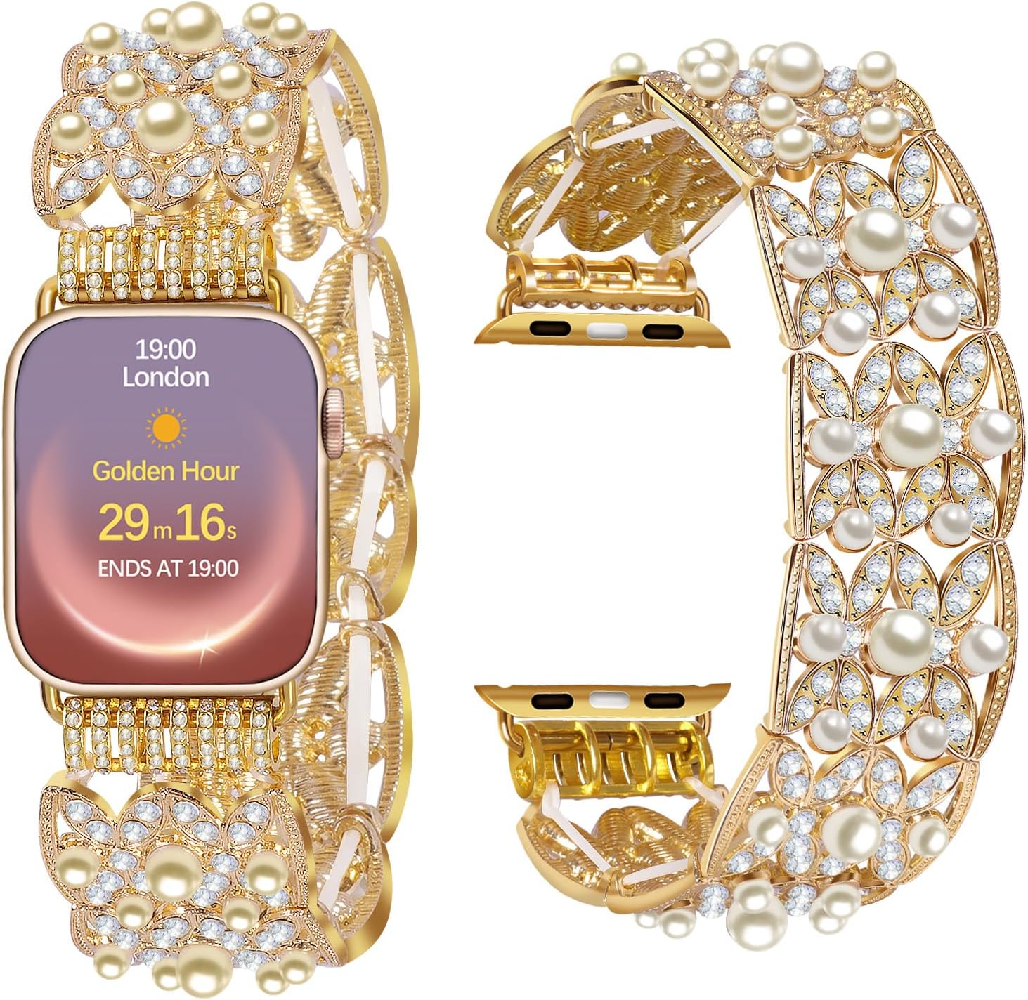 VIQIV Pearl Bracelet Compatible with Apple Watch Bands for Women 38/40/41/42/44/45/46/49mm Iwatch Series SE/SE2/10/9/8/7/6/5/4/3/Ultra 2, Cute Stretchy Bling Fancy Dressy Jewelry Metal Strap for Girls