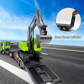 Fistone RC Semi-Trailer Truck & Excavator Toy Set, 1:12 Scale with Sound and Lights, 11CH 2.4Ghz Remote Control Flatbed Truck and Excavator Toys, Great Gift for Kids Boys