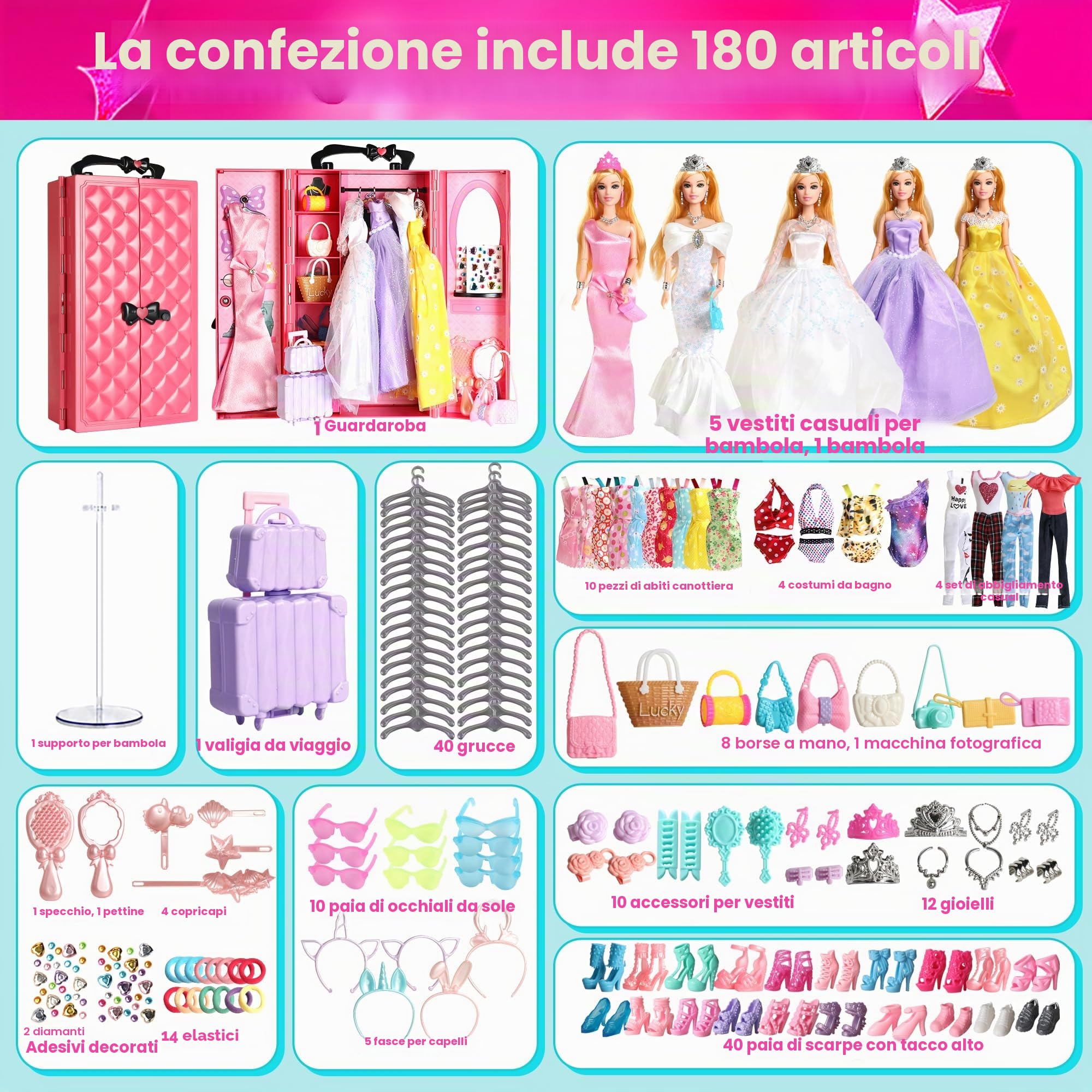 Armadio per bambole UCanaan da 20 pollici, con 20 supporti per vestiti e portaoggetti per accessori (senza bambole e accessori di abbigliamento) - Rosa