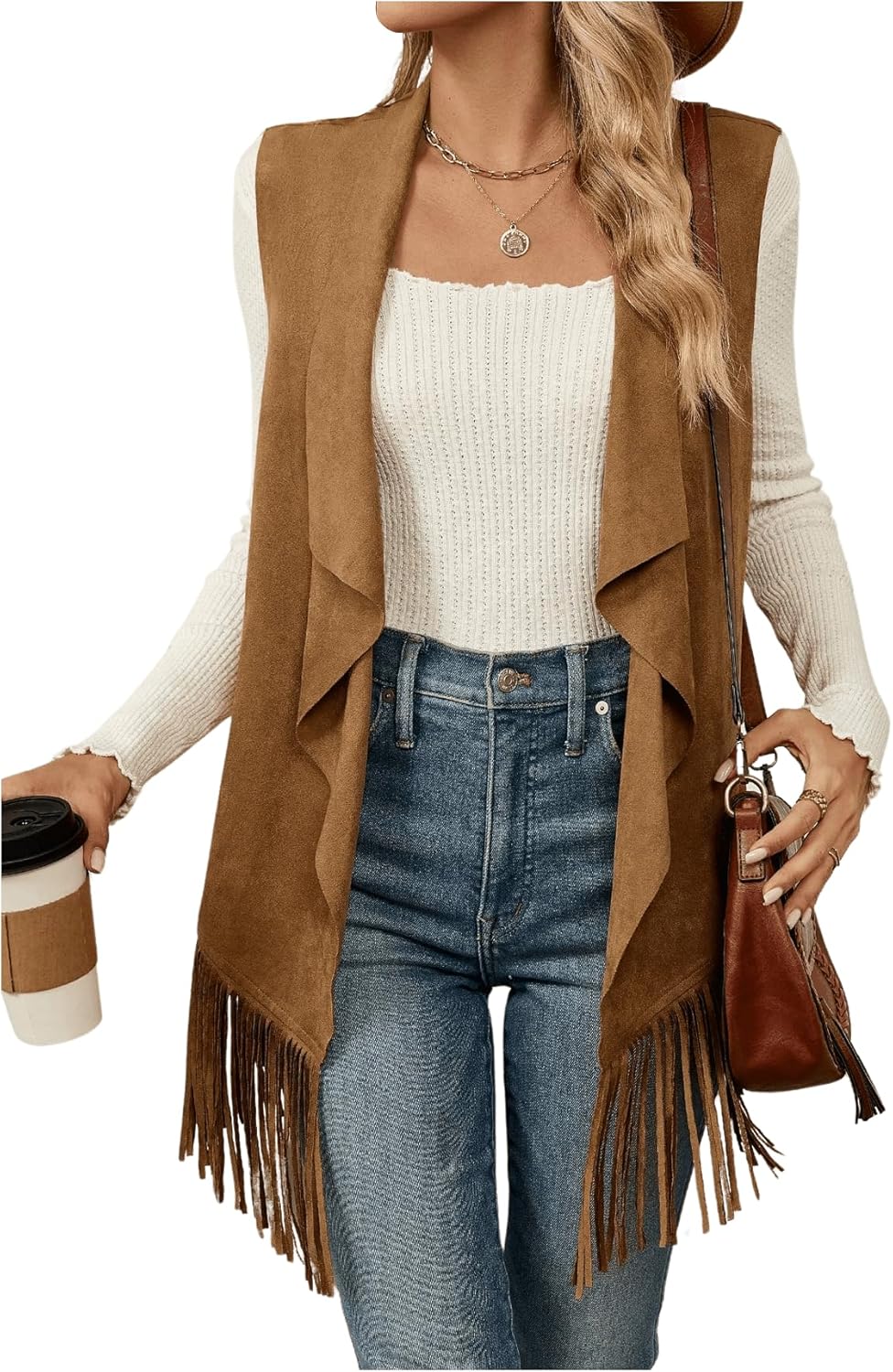 GORGLITTER Women's Sleeveless Boho Western Cowgirl Rodeo Outfits Fringe Open Front Suede Jacket Vest Tops Outwear 2025