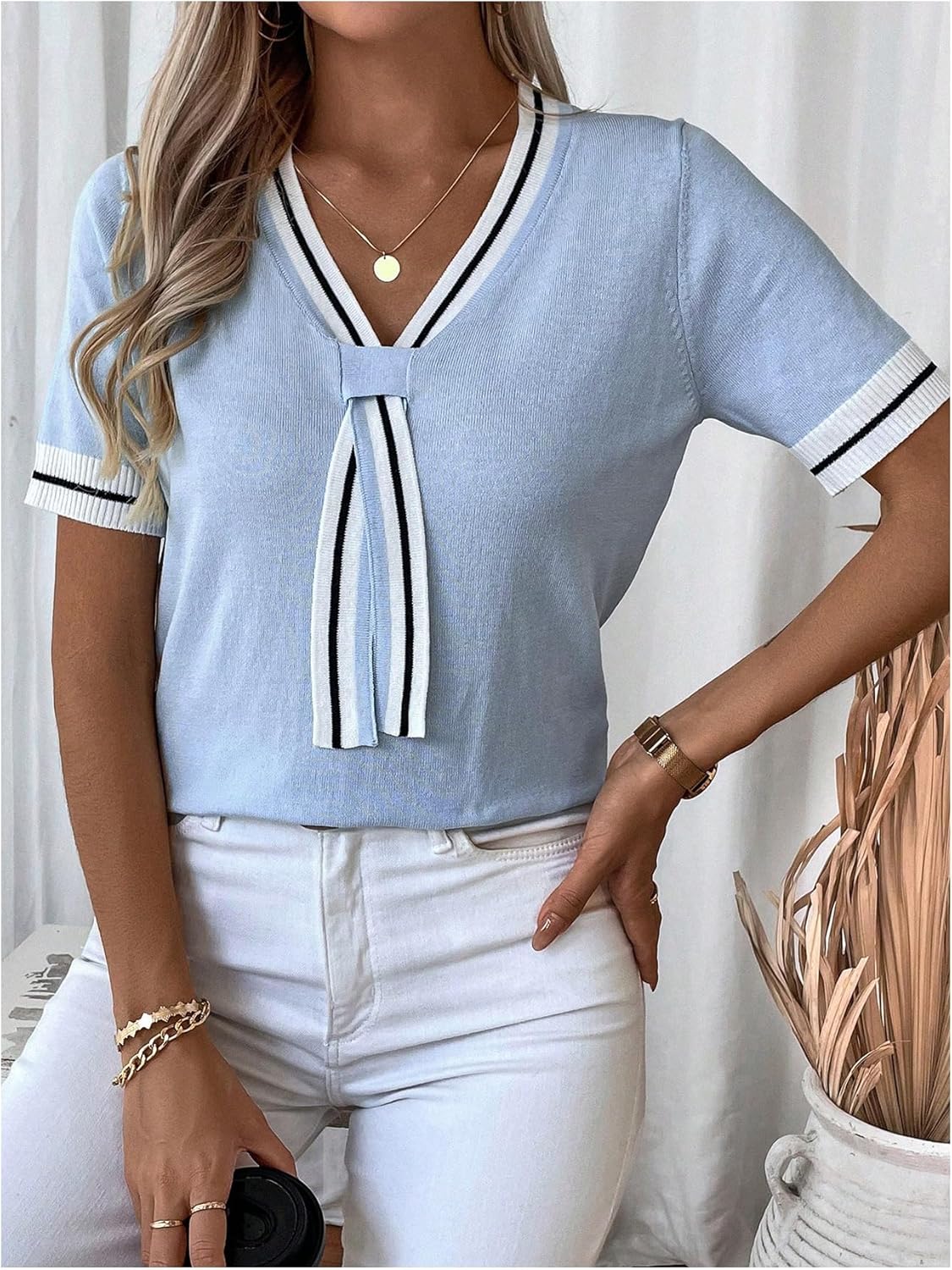 MakeMeChic Women's Striped Sweater Tops V Neck Short Sleeve Contrast Binding Summer Knit Top - Image 4
