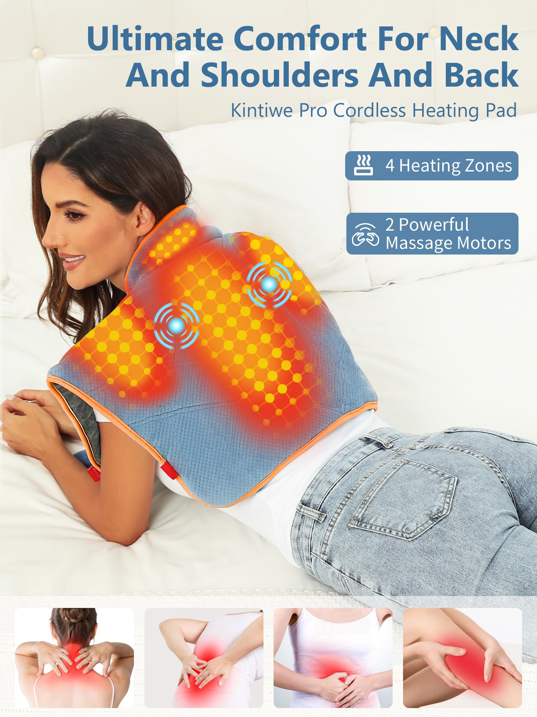 Almohadilla térmica para cuello, hombros y espalda con batería, almohadilla térmica inalámbrica de 12 V con masajeador de vibración y 3 modos de calefacción, almohadilla de calor eléctrica portátil