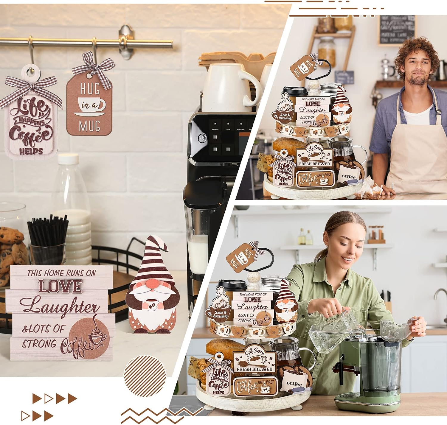 14 Pieces Coffee Tiered Tray Decor Set Coffee Wood Signs Rustic Trays Decor for Summer Home Kitchen Table