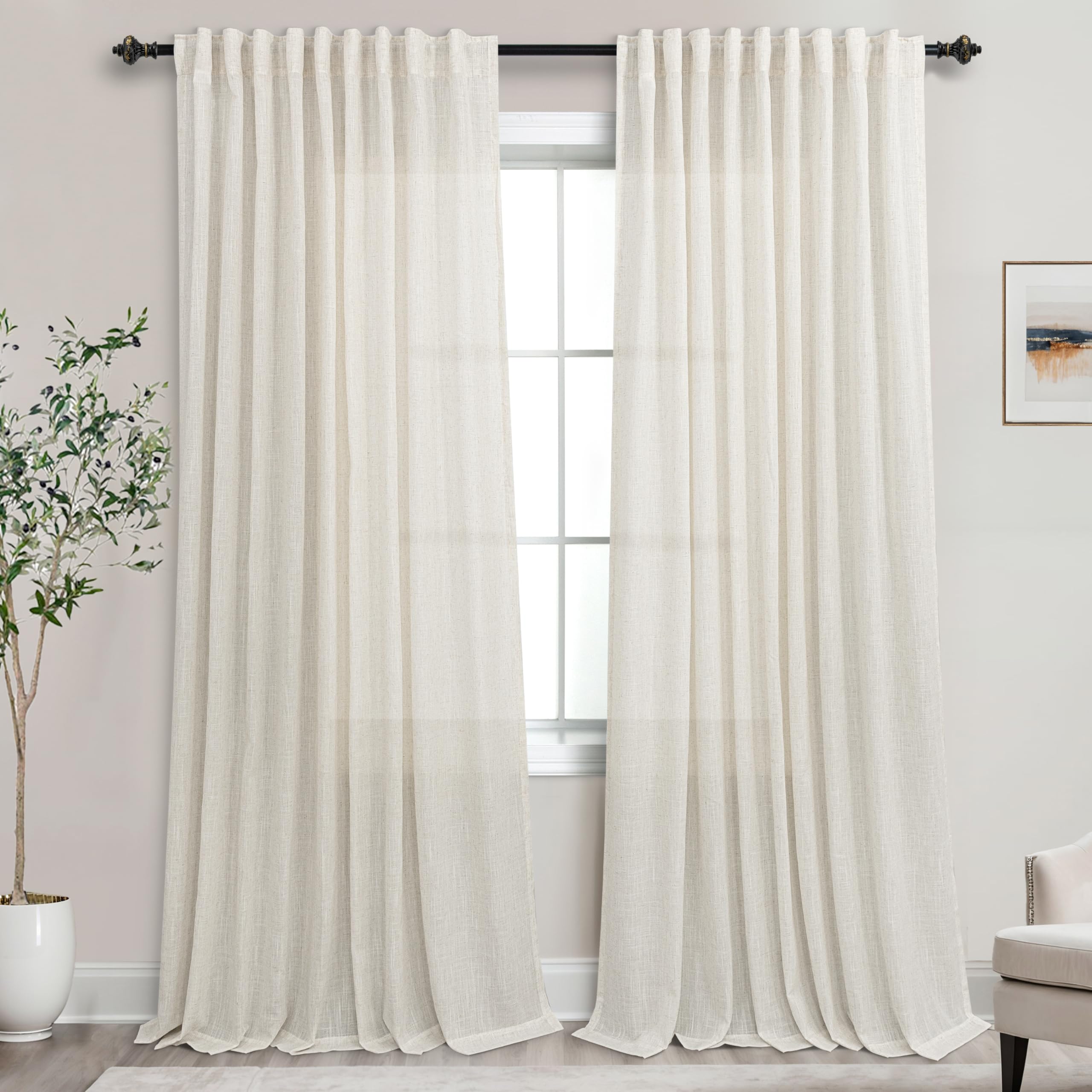 Mrs.Naturall 72x96 Inch Length Cream Back Tab Linen Blend Sheer Curtains for Bedroom โ image 1