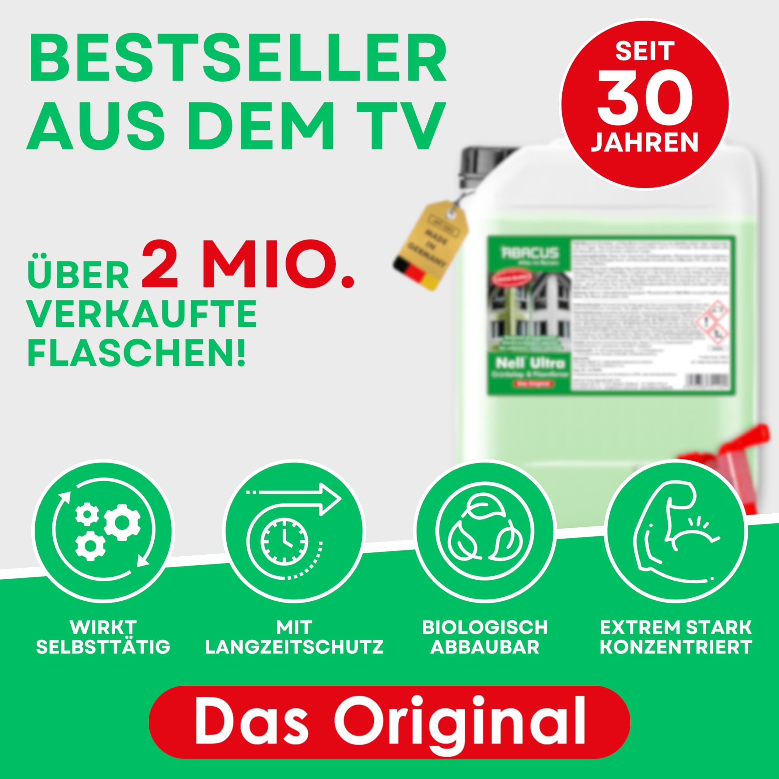 ABACUS® Nell Ultra Grünbelagentferner & Algenentferner Konzentrat, extrem stark! Entfernt Grünbelag & Algen selbsttätig ohne zu Schrubben – für Stein, Fassade, Terrasse, Dach – Nell Ultra 5 Liter