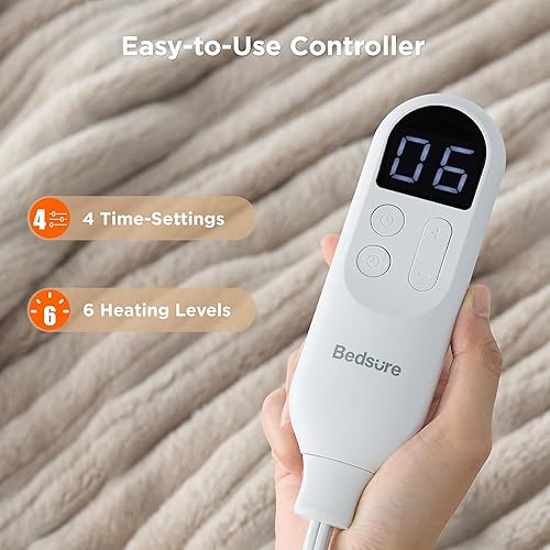 Vista 150 de Bedsure GentleSoft - Manta térmica eléctrica, suave manta eléctrica de franela acanalada, calefacción con 4 ajustes de tiempo, 6 ajustes de calor