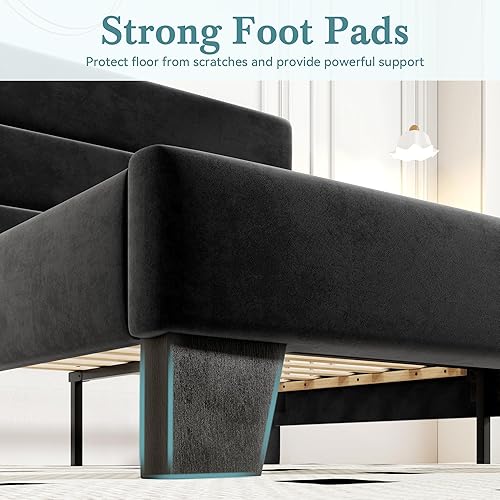 Miniatura 37 de HOOMIC Base de cama de tamaño matrimonial con cabecero, plataforma tapizada de tela con soporte de listones de madera fuerte, base de colchón, no