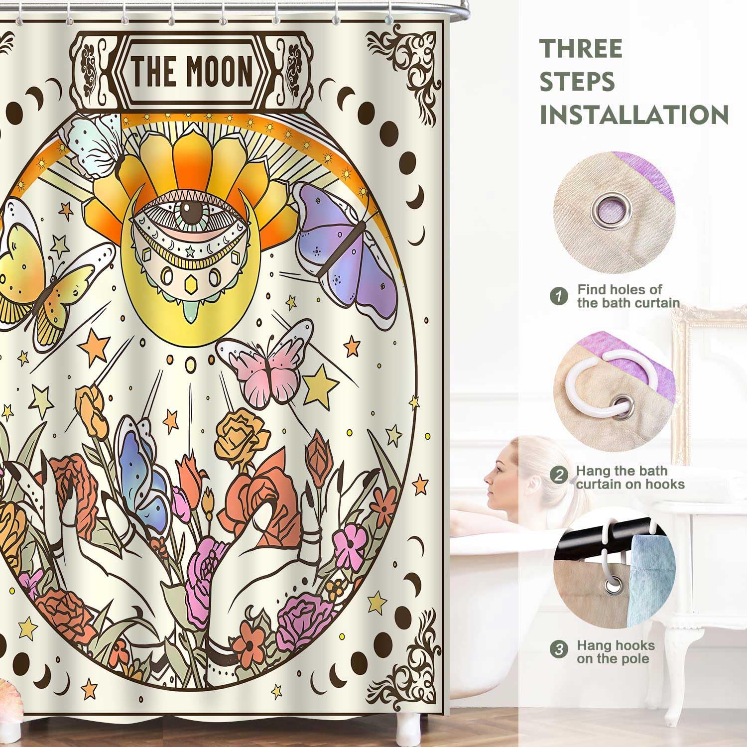 Tarot Shower Curtain, 72x72inch, Retro Floral Evil Eye Bathroom Curtains Sun Moon Star Ouija Hands Gothic Mystical Witchy Bathroom Bathtubs Decor Set with 12 Hooks YLOKTP0208