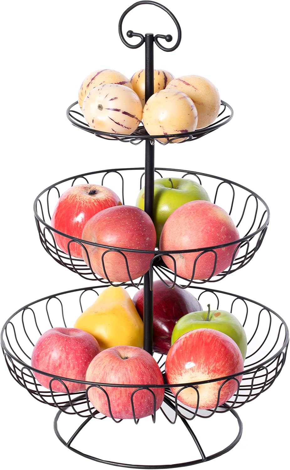 Basicwise 3 Tiers Wire Iron Basket Fruit Bowl, Black, Size:12" W x 12" D x 18.25" H