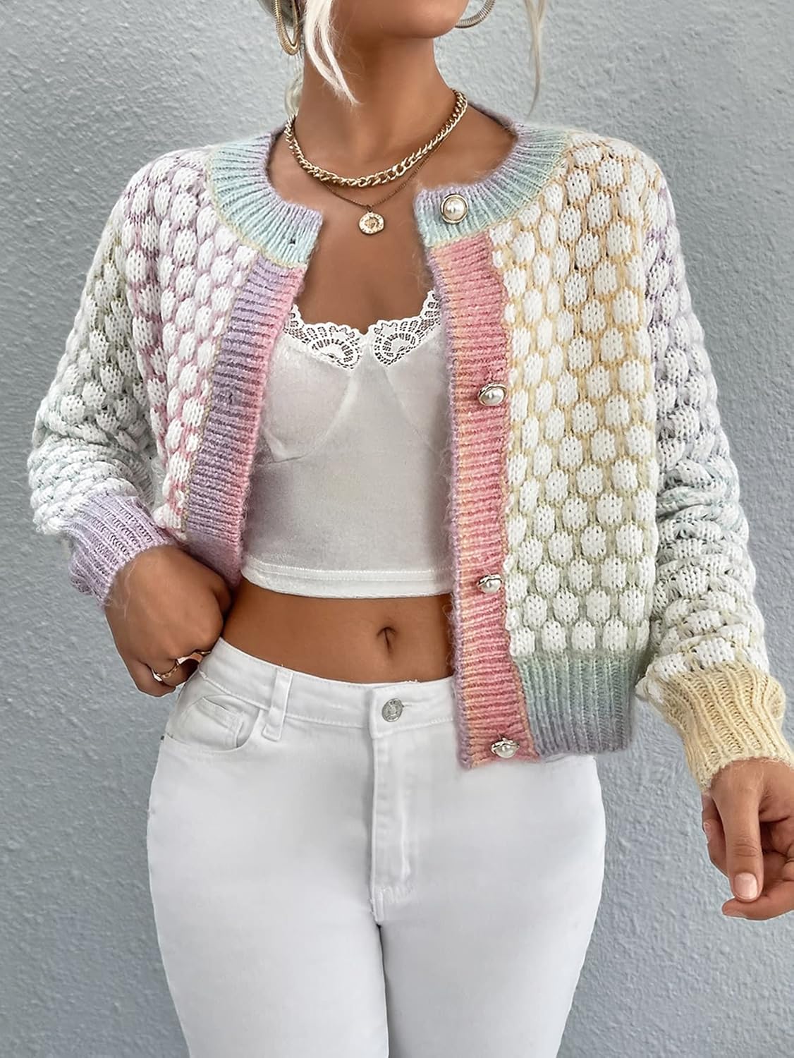 GORGLITTER Women's Button Up Colorful Cropped Cardigan Fall Clothes Cute Trendy 2025 Knit Tweed Sweater Jacket