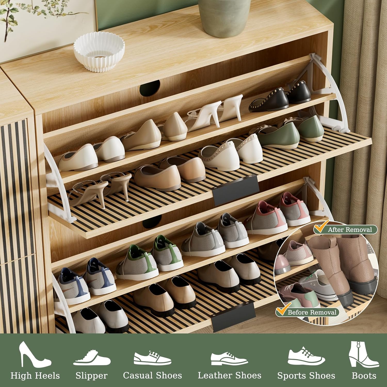 Detailed view of the NOVAMAISON Shoe Cabinet's flip drawers, showing how adjustable shelves accommodate various shoe types like high heels, slippers, casual shoes, leather shoes, sports shoes, and boots.