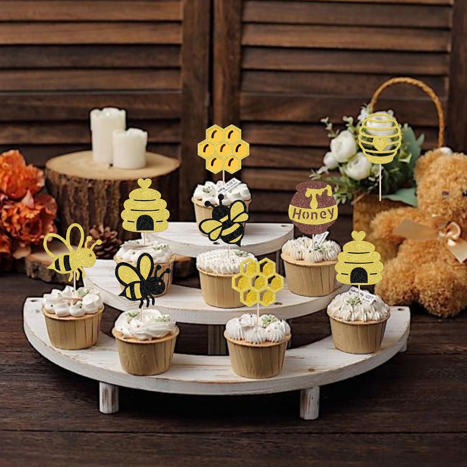 32 PCS Bumble Bee Cupcake Toppers Glitter Heart Honeycomb Cupcake Picks Bee Baby Shower Decorations for Bee Theme Gender Reveal Baby Shower Kids Boys Girls Birthday Party Cake Decorations Supplies