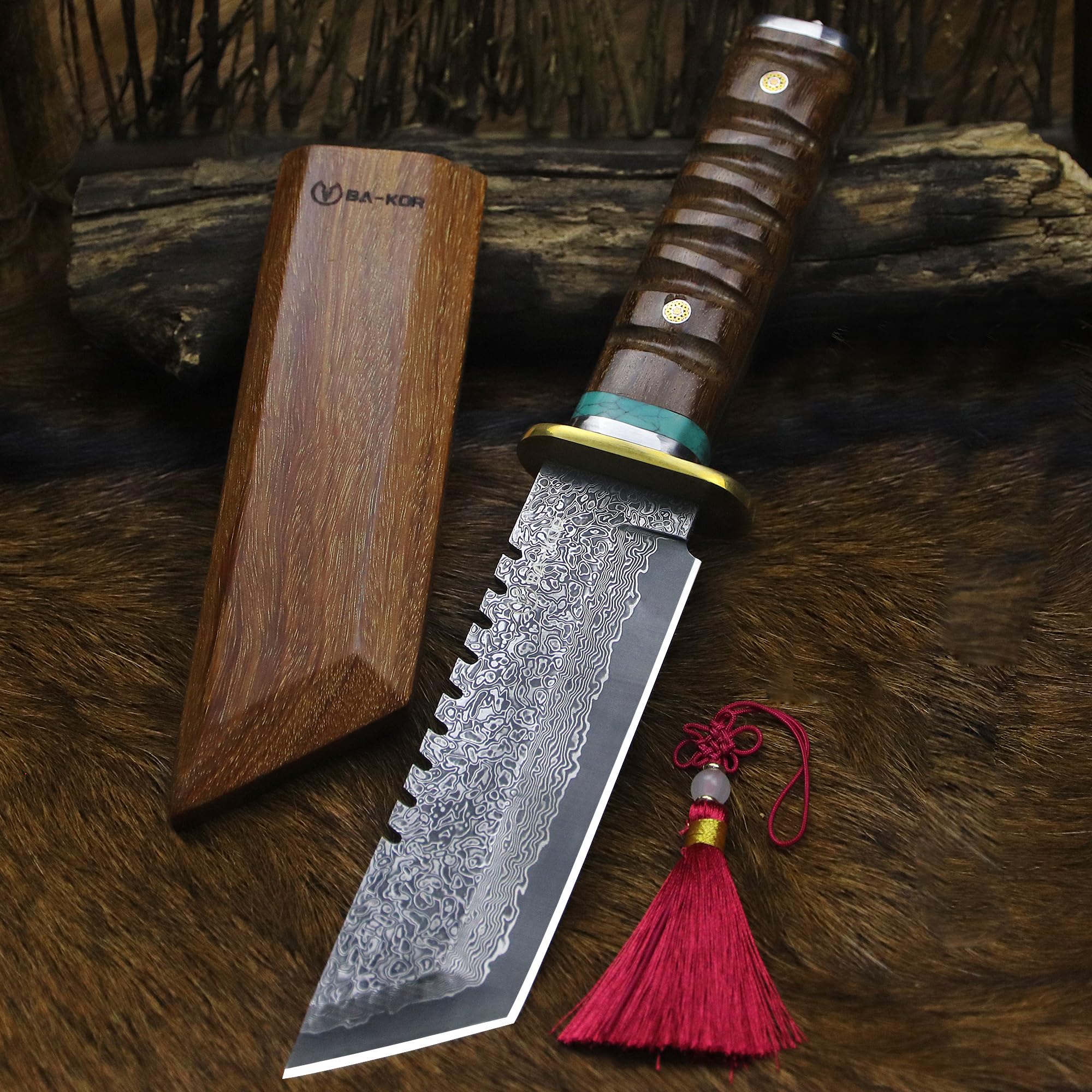 BA-KOR （11IN）66-Layer Damascus Steel Full Tang Hunting Knife, 3mm Thick G10 Core Blade with Rosewood Handle & Sheath, Razor Sharp Triple Water-Cooled Edge Outdoor Knife for Camping, Bushcraft & Survival