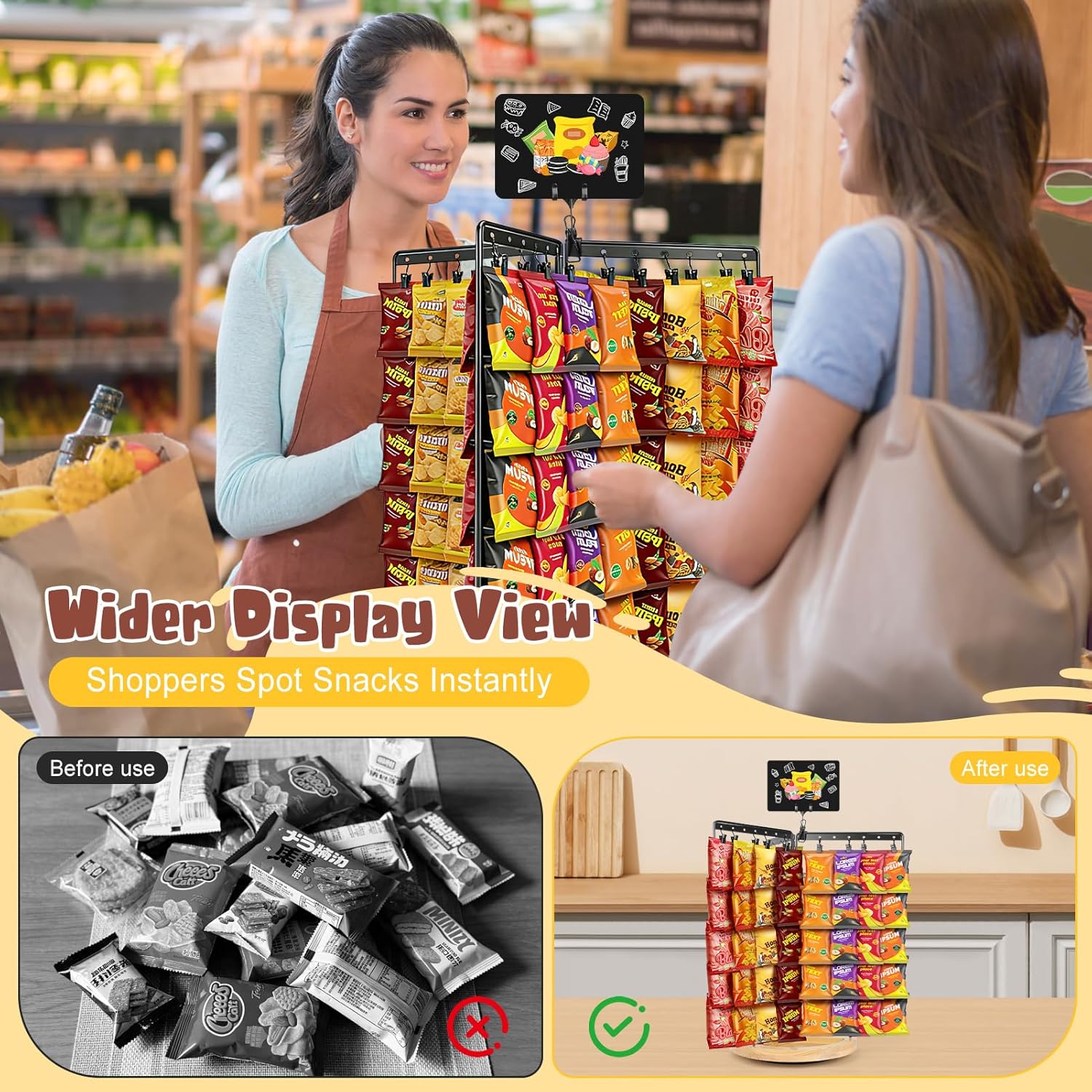 Chip Rack Display Stand, 6-Side 5-Tiers Chip Holder Display with 80 Adjustable Clips, 360° Rotating Wooden Base Countertop Snack Organizer for Concession Stand, Parties - With Message Board & Pen