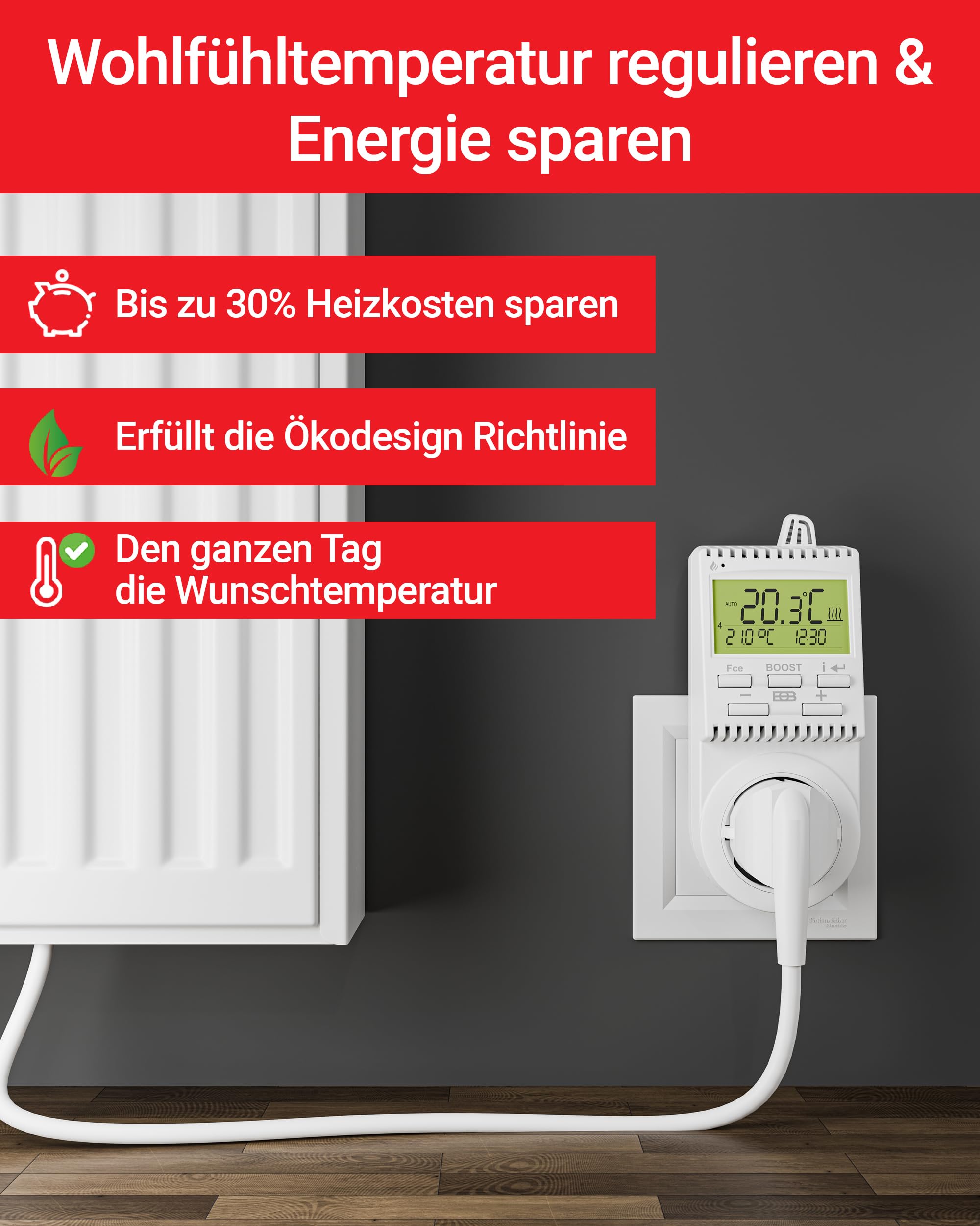 Elektrobock Termostat wtykowy TS30 do ogrzewania elektrycznego RAL 9010 czysta biel normalna